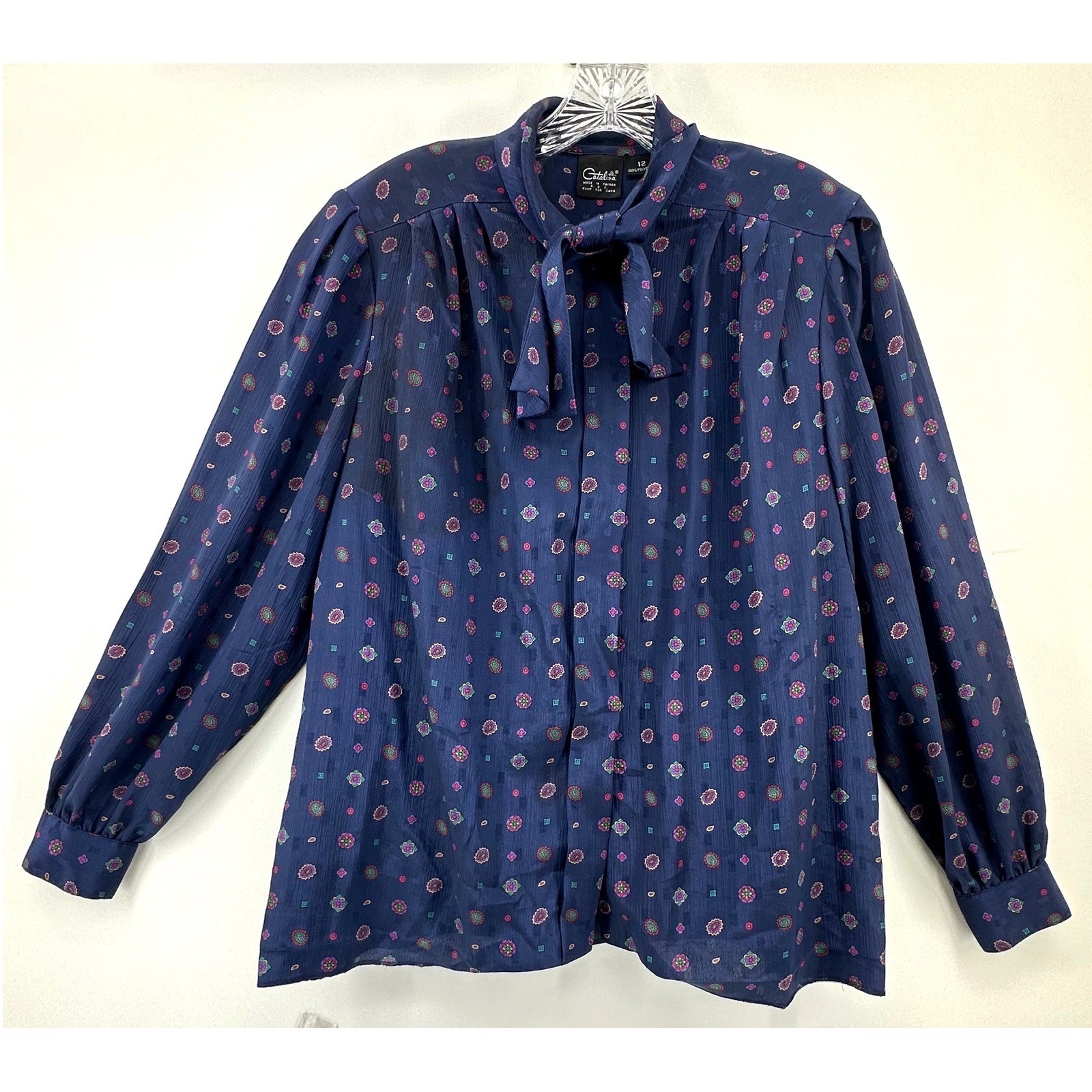 Catalina Vintage Navy Blue Tie Neck Medallion Print Blouse Womens 12 Long Sleeve