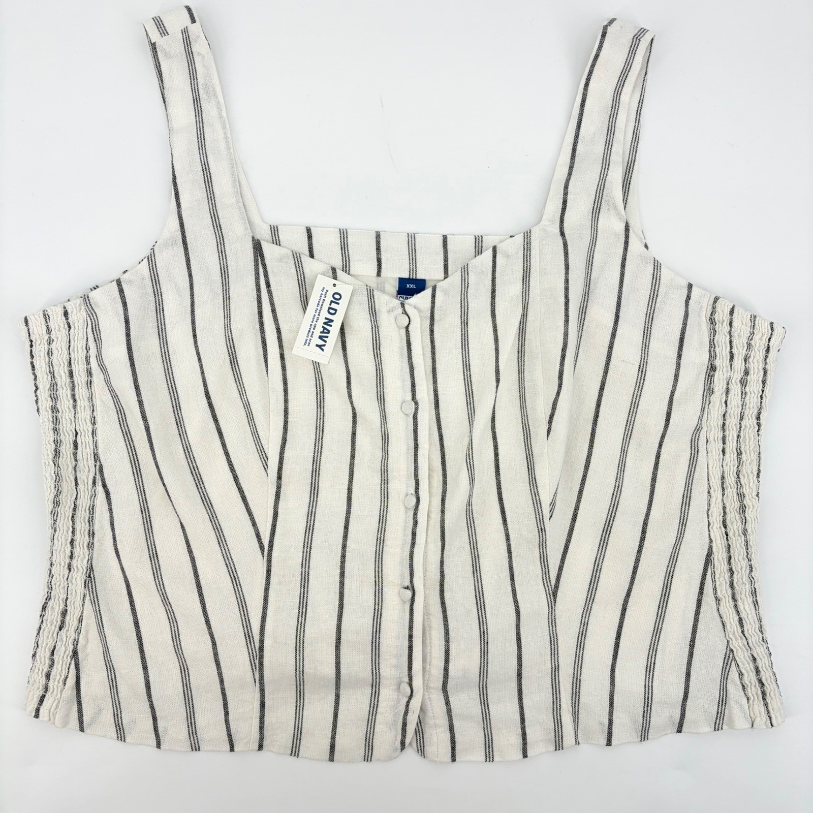 Old Navy Striped Button-Front Tank Top Women XXL White Linen Blend Smocked Side
