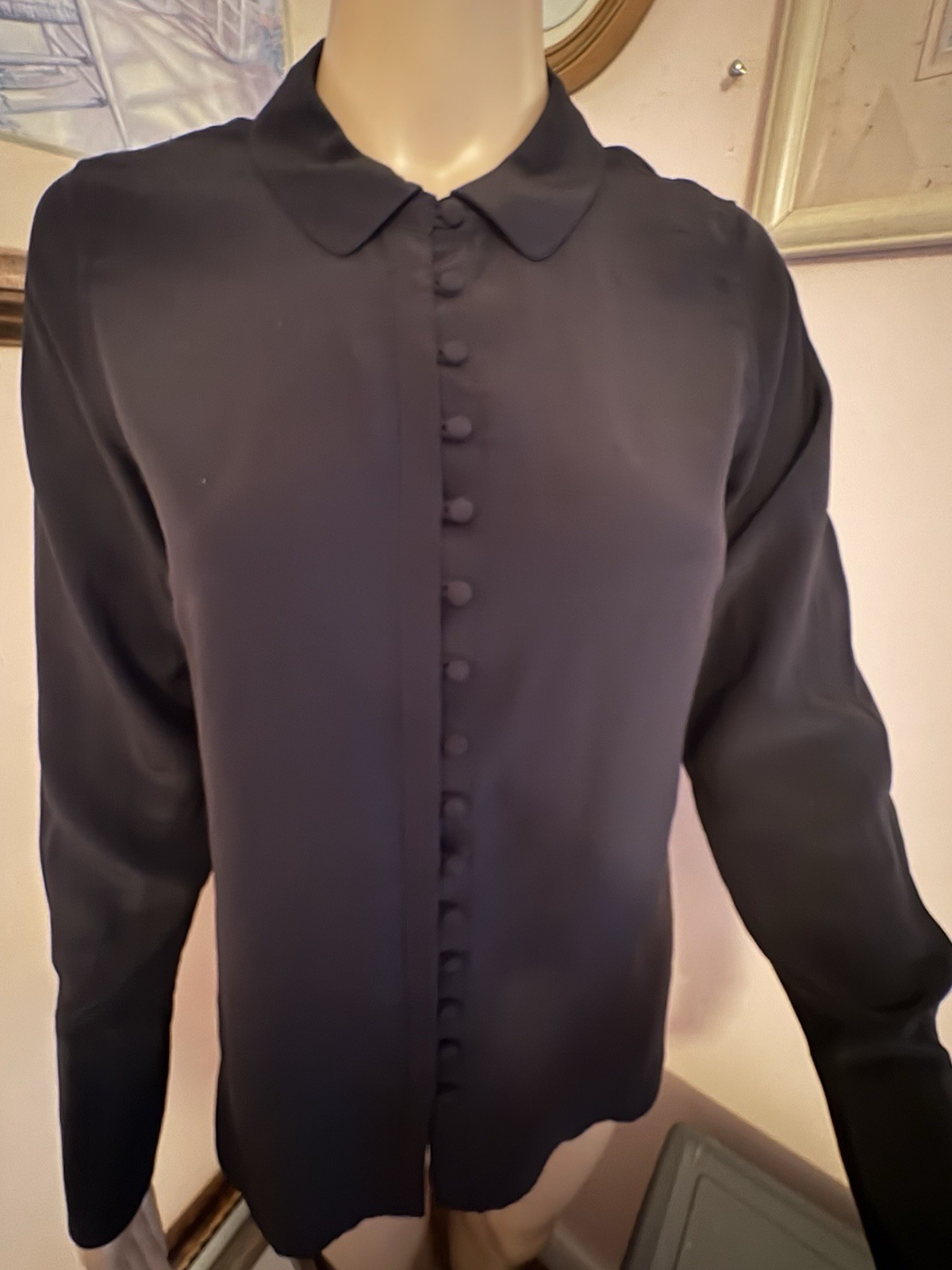 Boden 100% Silk Shirt Blouse Long Sleeve Womens Size 2 Black Button Front