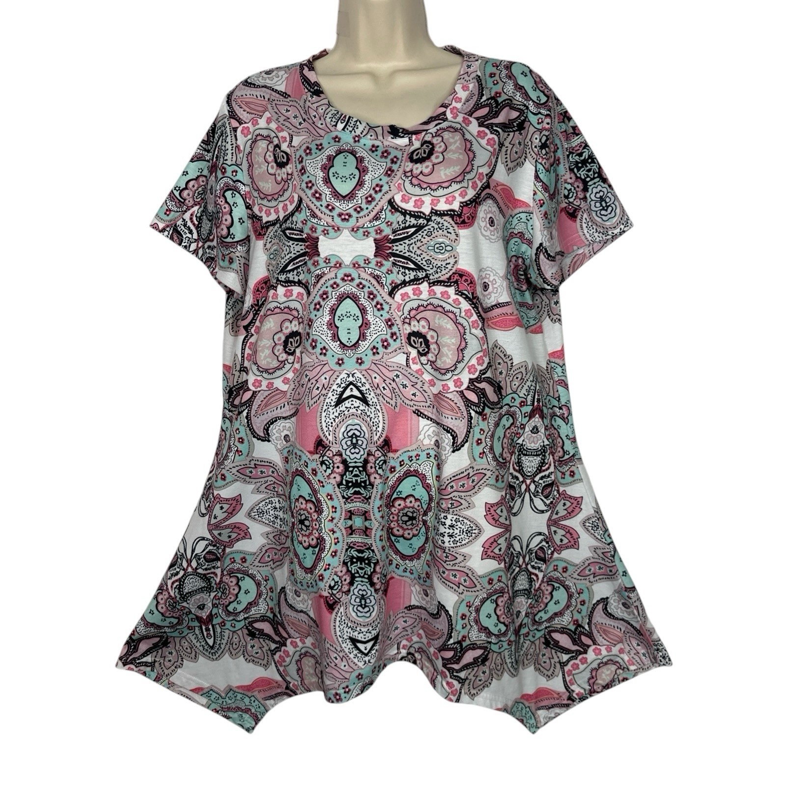 Mirol Womens XL Paisley Sharkbite Tunic Top Pink Mint Short Sleeve Boho Swing