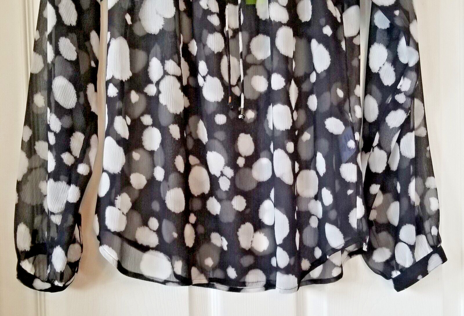 SAM EDELMAN Black & Ivory Spotted Blouse Tie Neck Long Sleeves Sheer Size M NWT