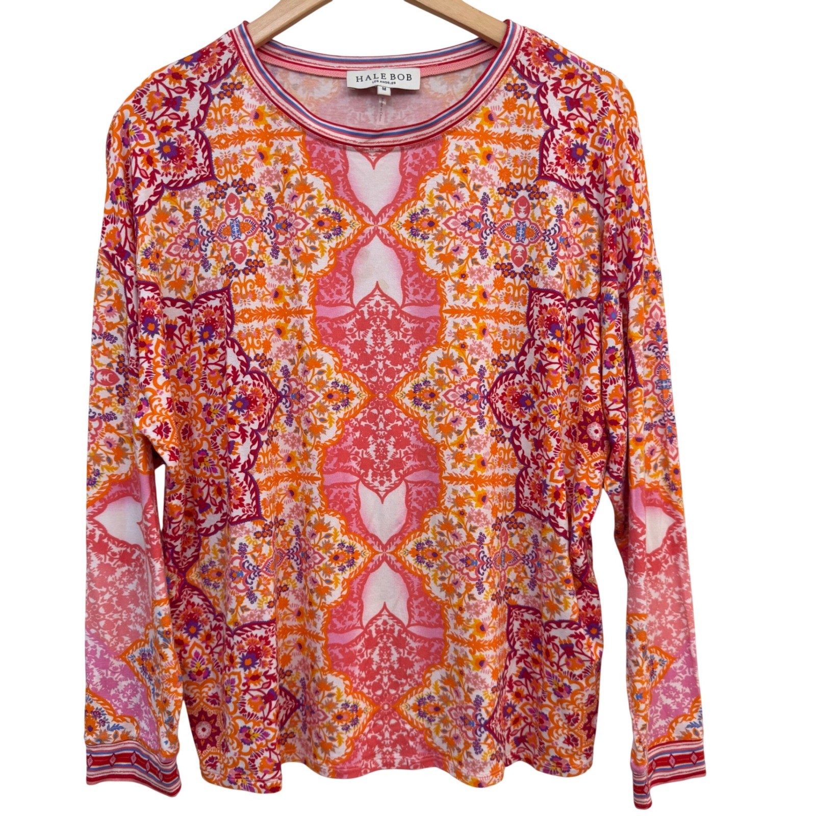 Hale Bob Womens Top Medium Pink Orange Paisley Medallion Print Long Sleeve Top