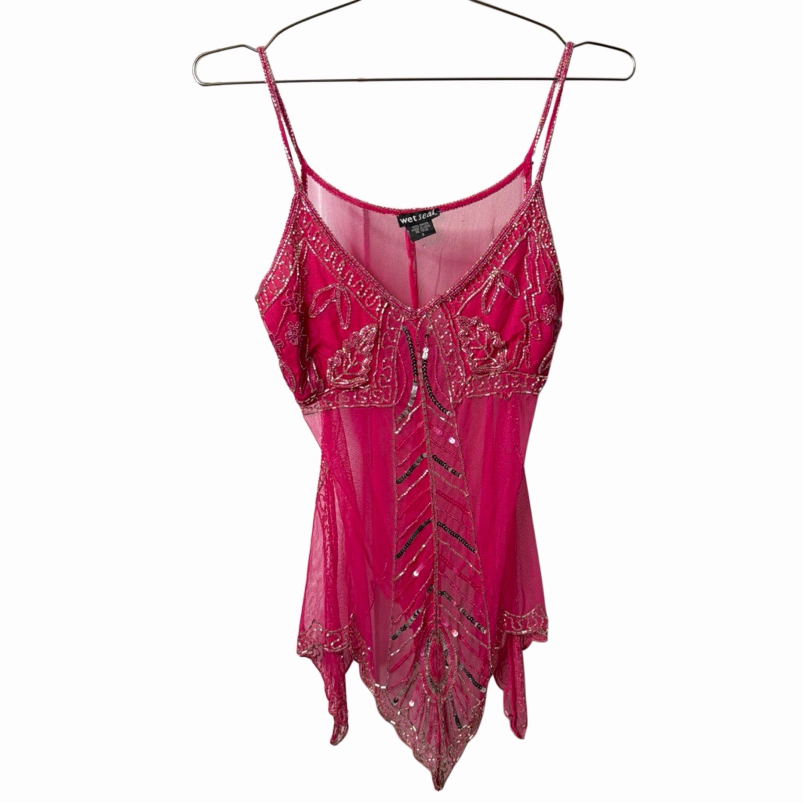 Wet Seal size small y2k beaded mesh fairy tank top Vibrant Pink Beaded vintage