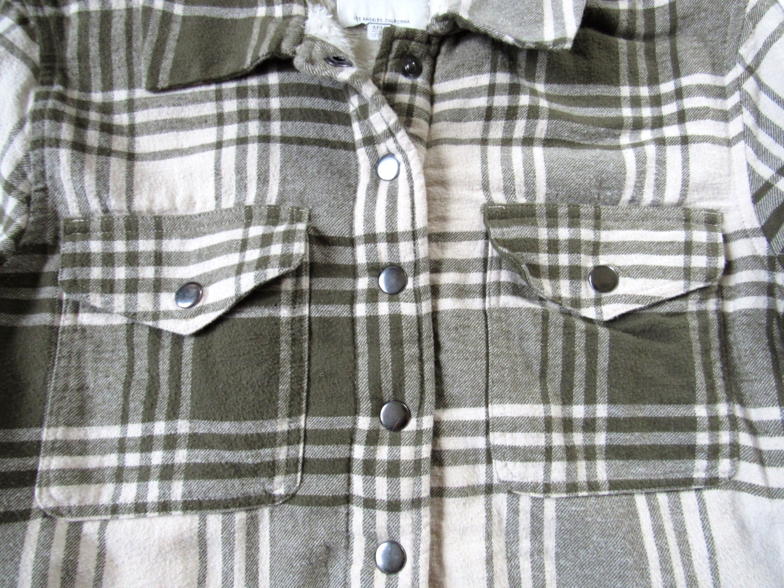 Lucky Brand Jacket Green Ivory Cream Plaid Fleece Lined Flannel Shacket M Medium