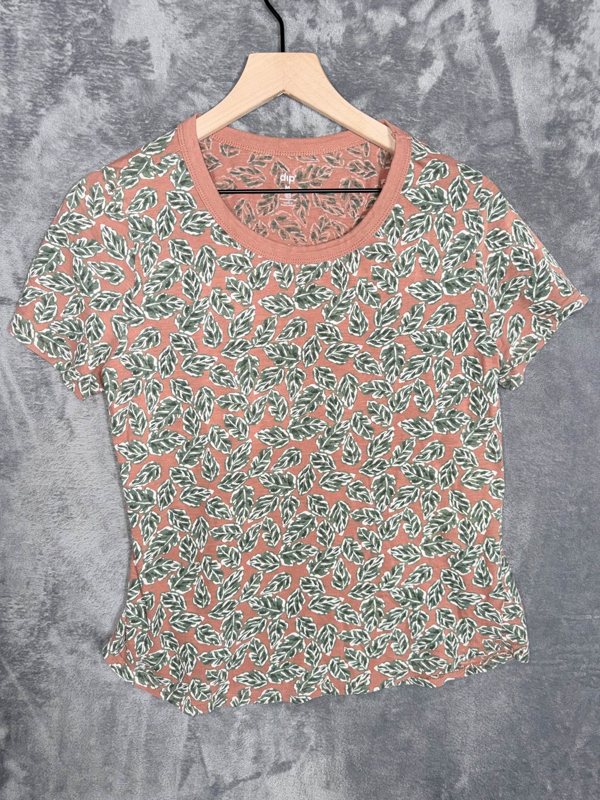 Dip Womens T-Shirt M Rust Green White Leaf Print Organic Cotton Crew Neck