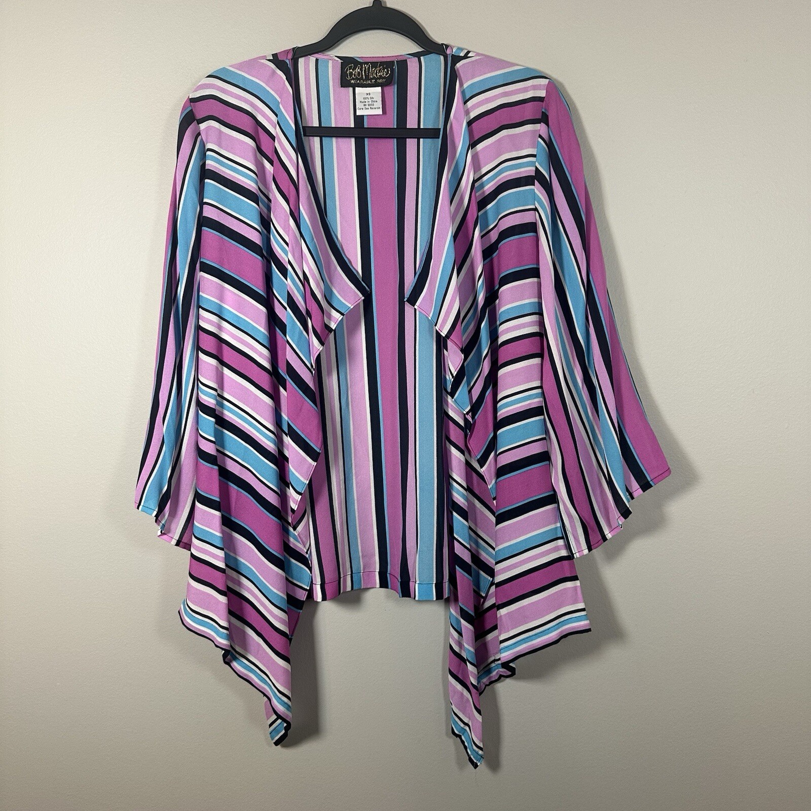 Bob Mackie XSmall Pink Black Blue Stripe 100% Silk Open Drape 3/4 Sleeve Top