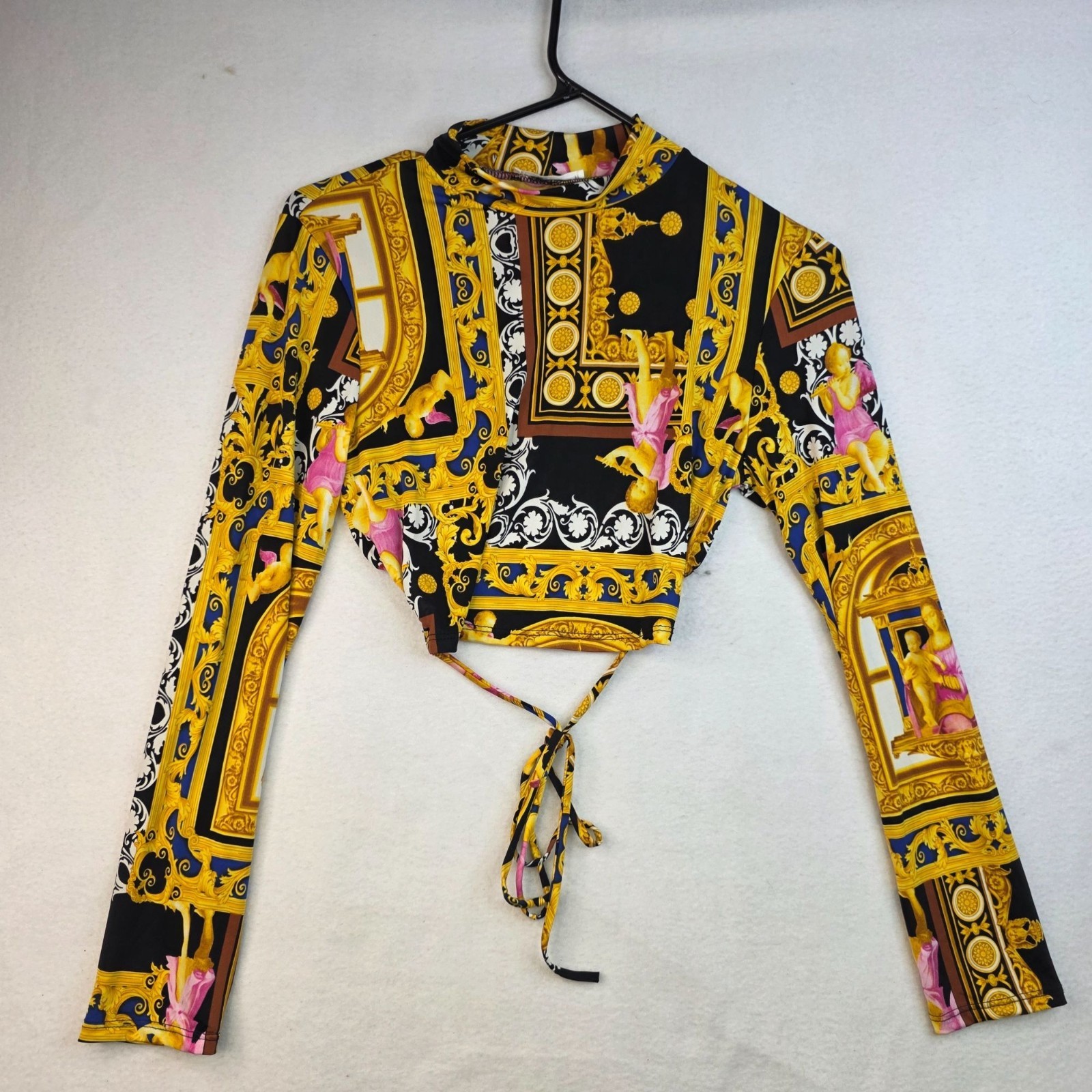 Timing Baroque Crop Top L Black Yellow Long Sleeves Tie Rear Angelcore Festival