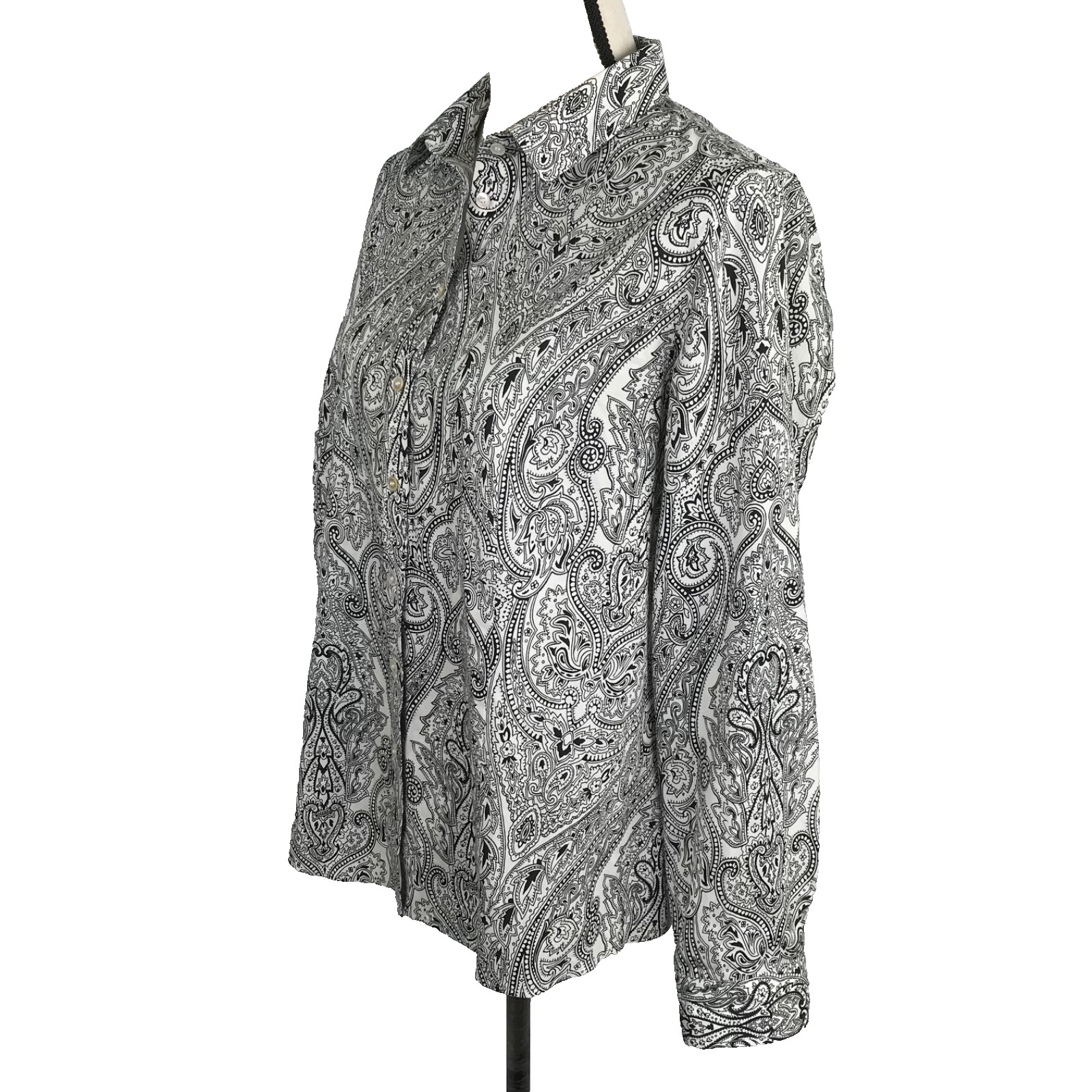 Talbots Wrinkle Resistant Button Up Shirt Size 14 Petite Black White Paisley