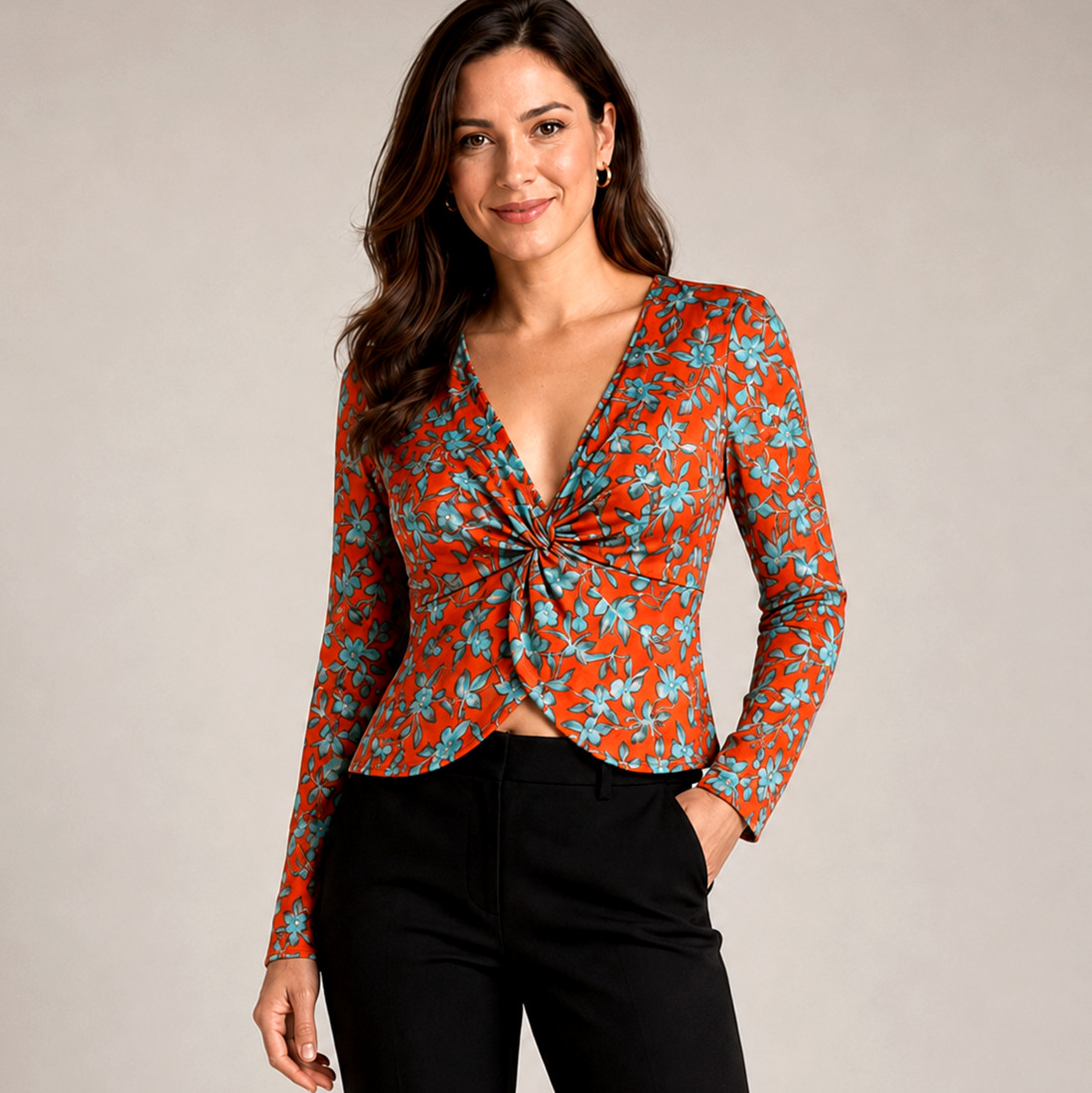 Love Whit Women’s L Crop Top Red Floral Satin Twist Front Long Sleeve NWT