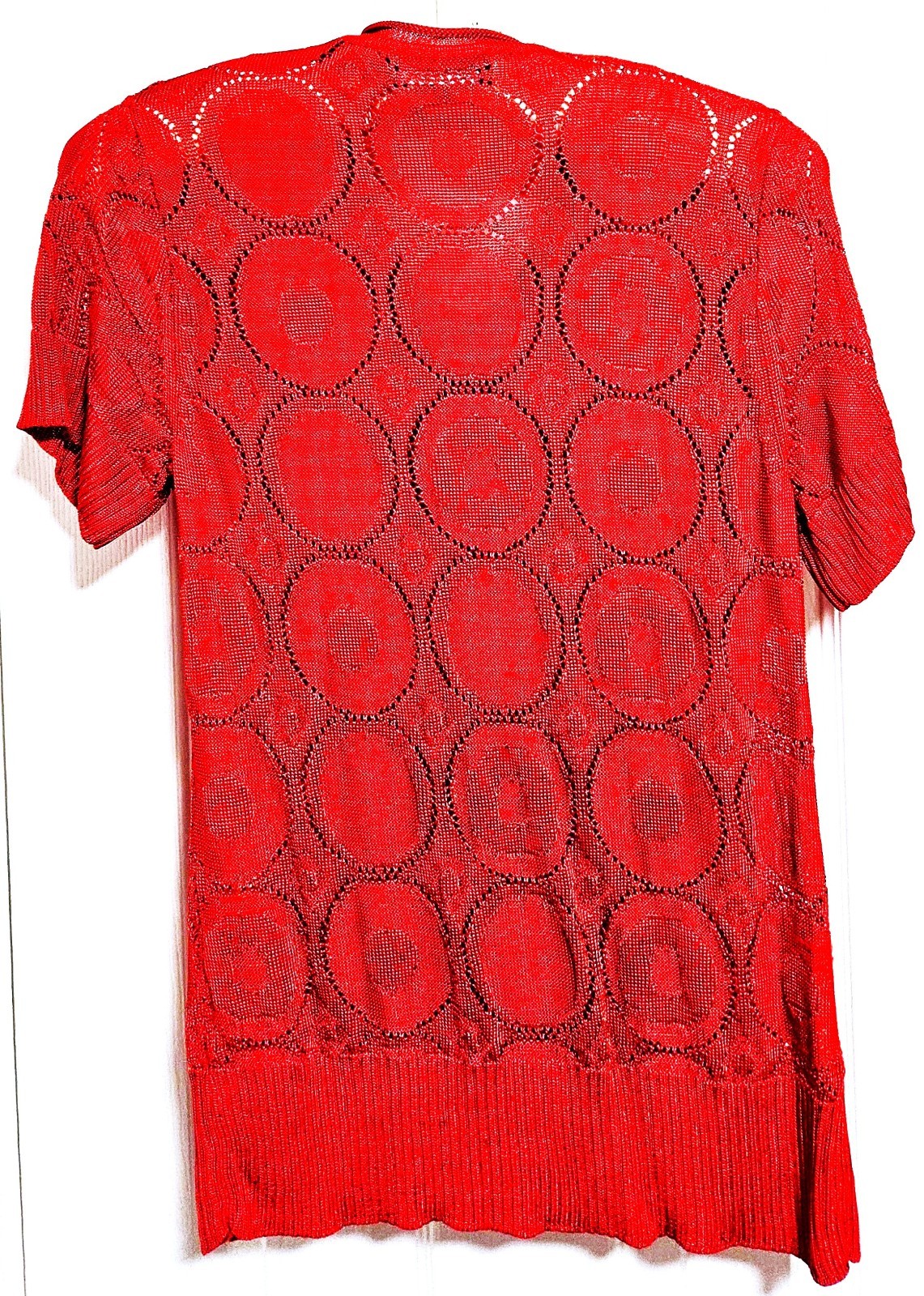 Dana Buchman Women’s Sz L Red Open Knit Top Front Hidden Snap Placket S/S