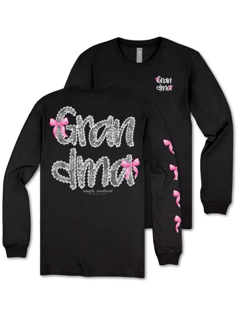 Simply Southern Grandma Lace Bows Tee Women’s L Fall NEW Shirt Black T-shirt