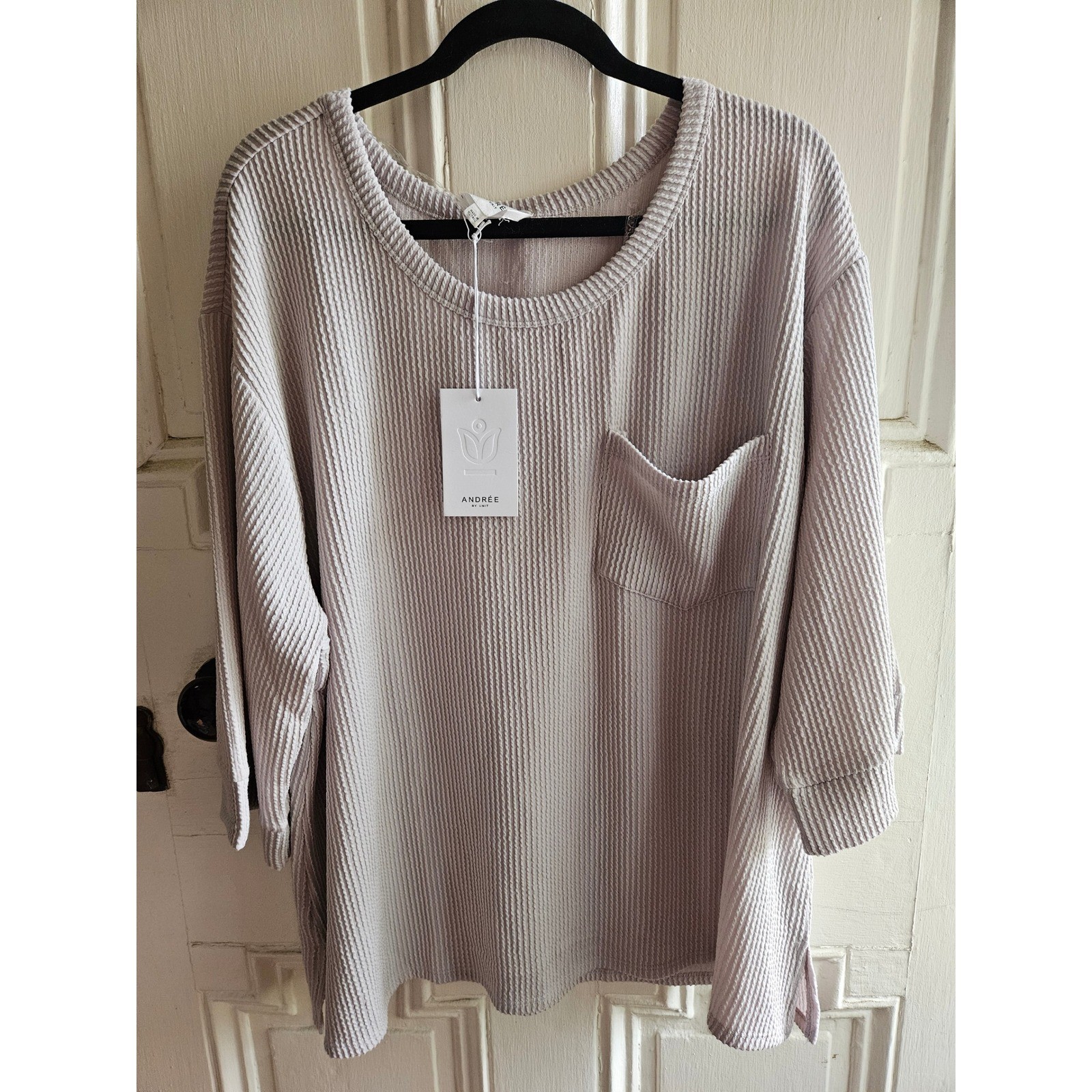Andree by Unit Womens 1X Waffle Knit Thermal Top Cream 3/4 Sleeve Pocket