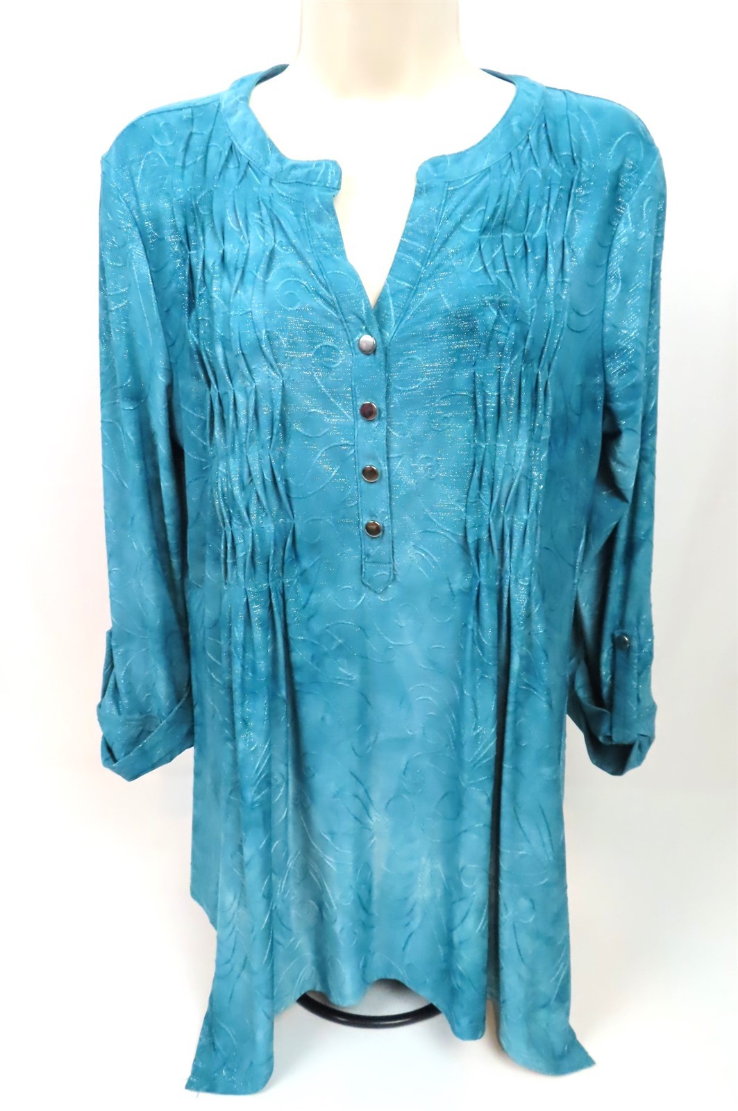 New Directions Womens Blouse M Medium Teal & Silver Metallic Shark-bite Hem NWT