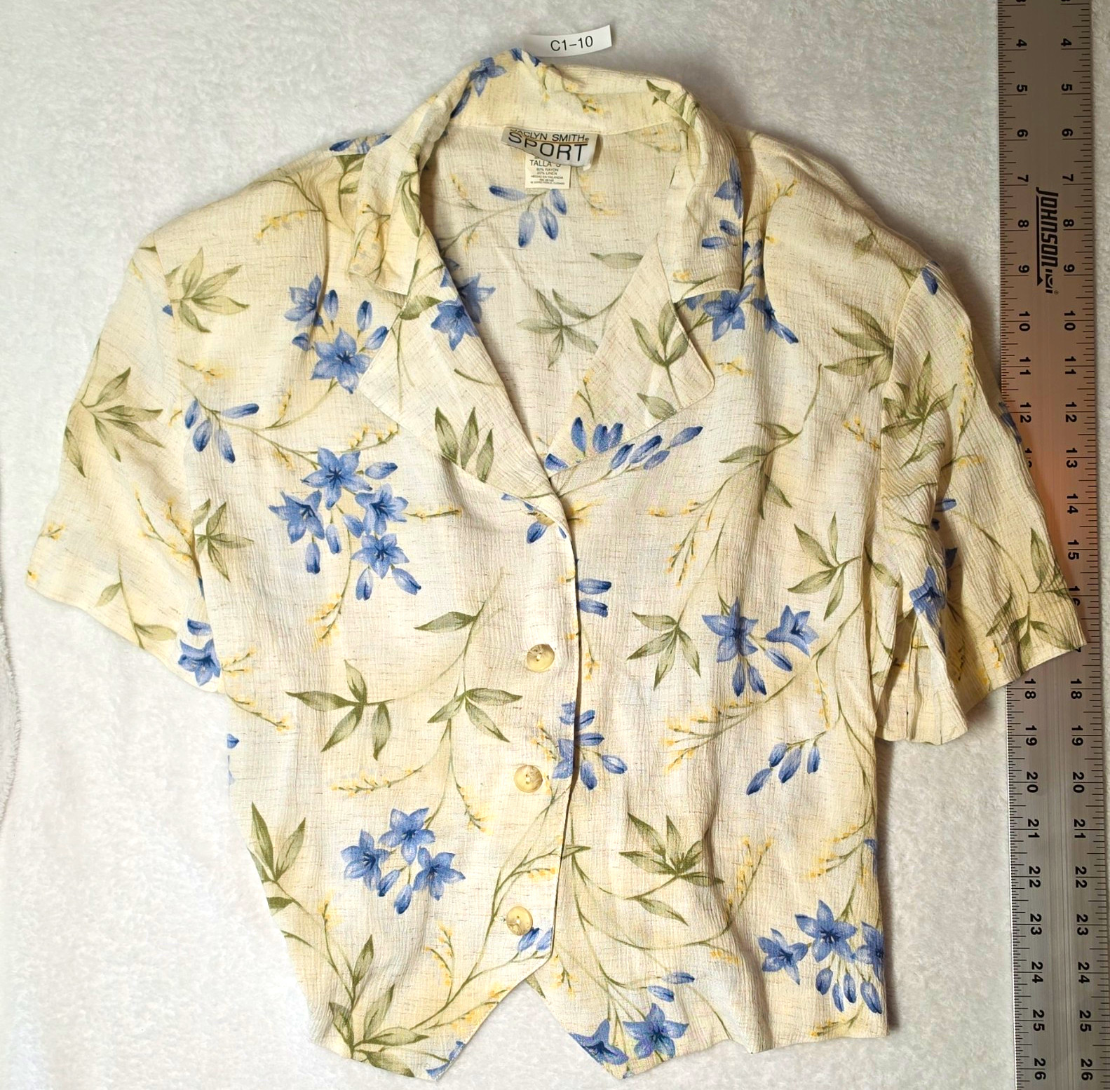 Jaclyn Smith Sport Beige Blue Green Floral Collared Button-Up Blouse Women’s S