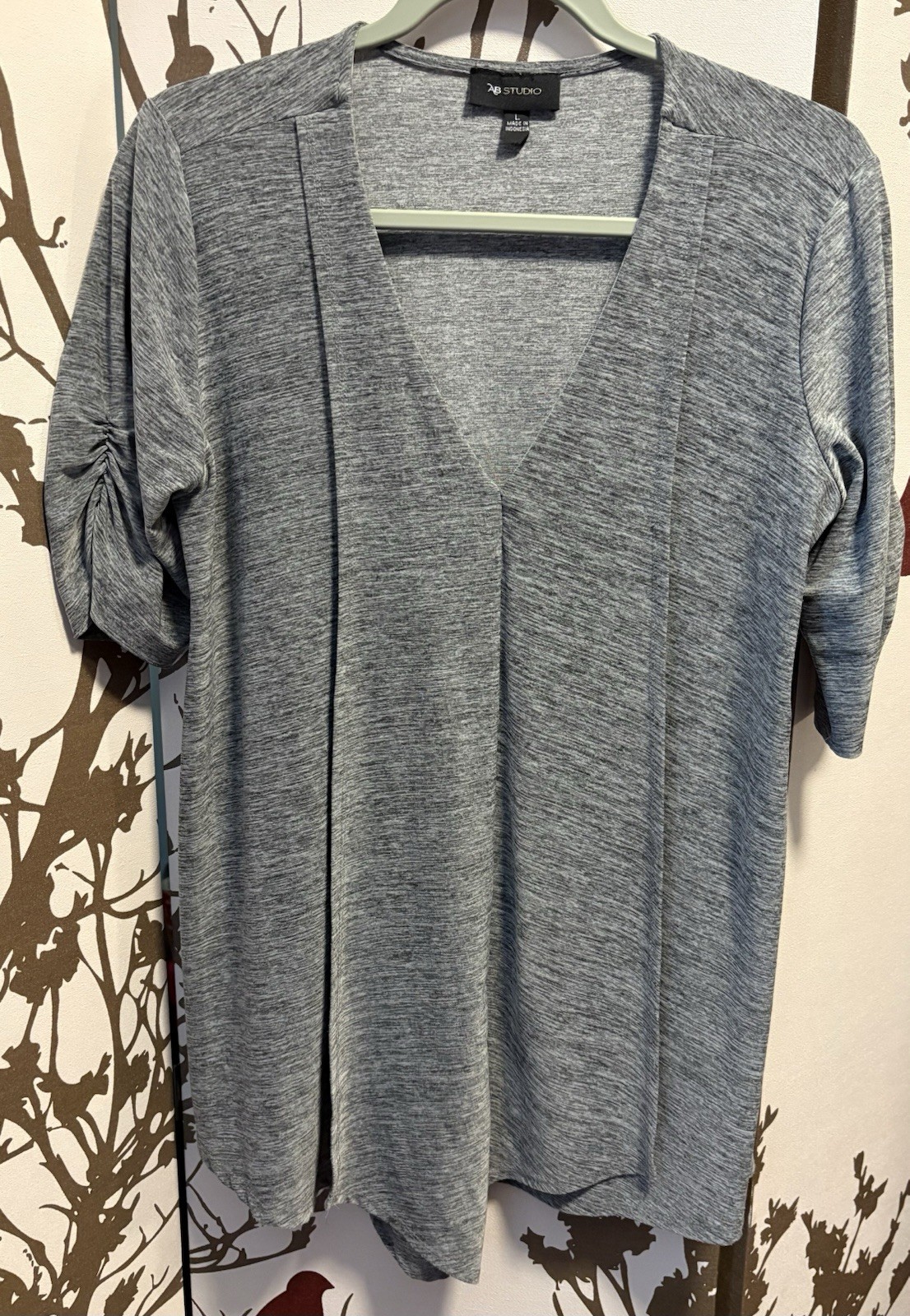 AB Studio Knit V-Neck Ruched 3/4 Sleeve Tunic Top Gray L Women’s