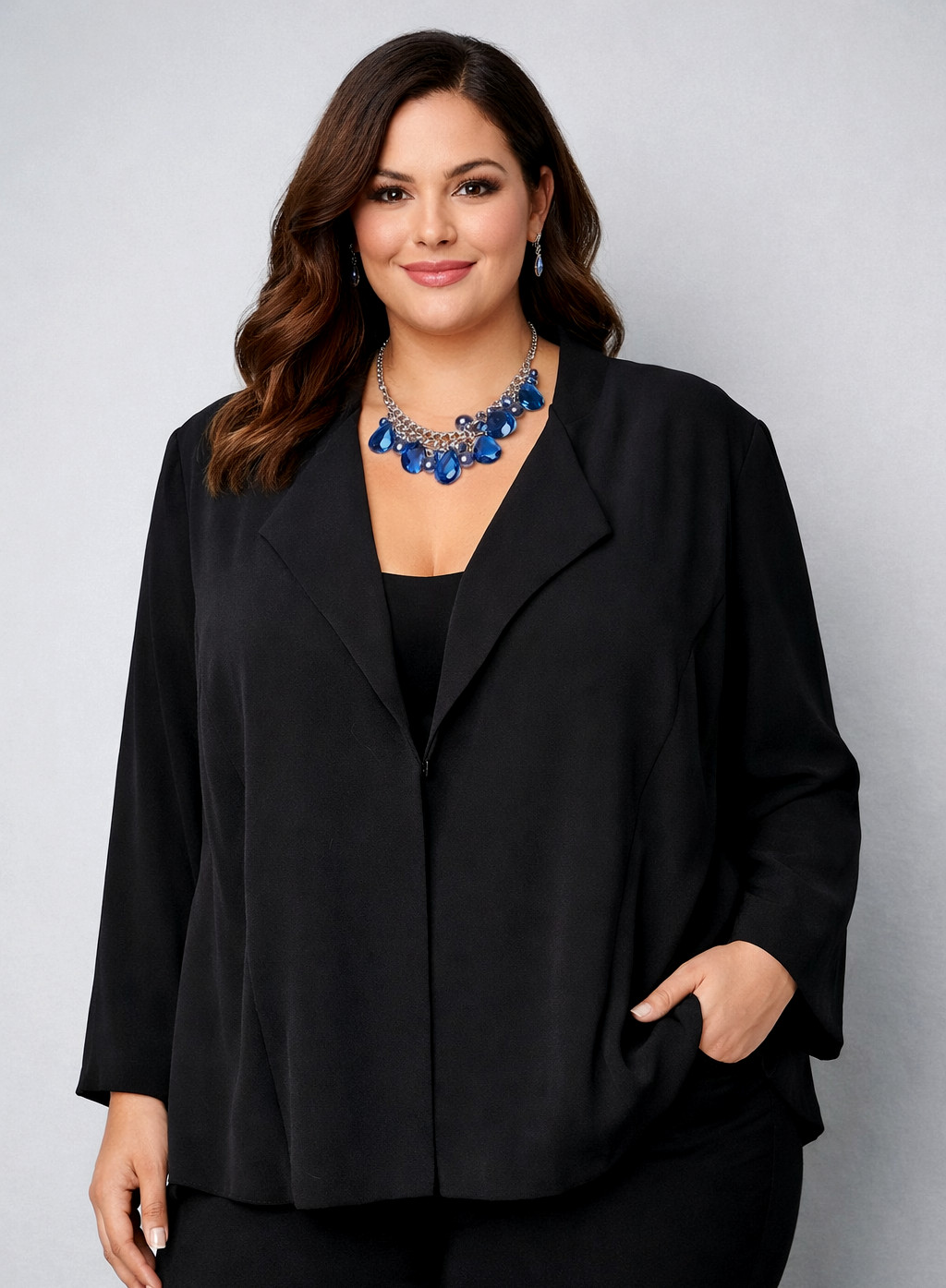 NEW 2X LOGO by Lori Goldstein Black Tricotine Open Front Blazer Ruffle Pockets