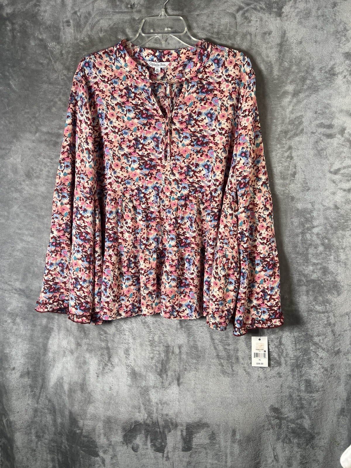 🆕 Ophelia Roe Women’s Peasant Top Floral Long Tiered Bell Sleeve Peplum Size XL