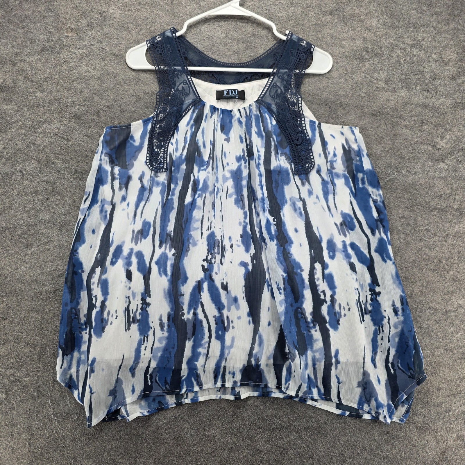 FDJ Blouse Tunic Womens L Blue High Neck Crochet Sleeveless Lined Chiffon