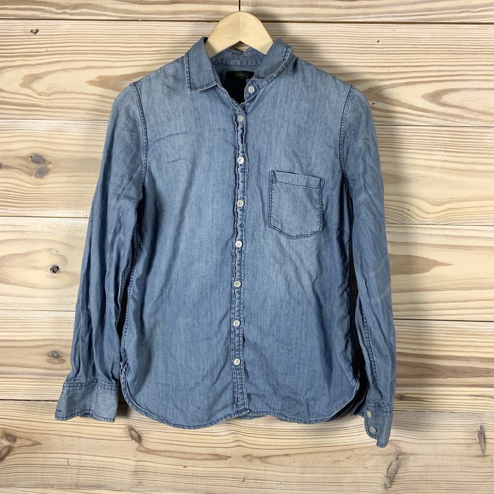 J Crew Shirt Womens 8 Chambray Button Top Grunge Garden Work Flaws