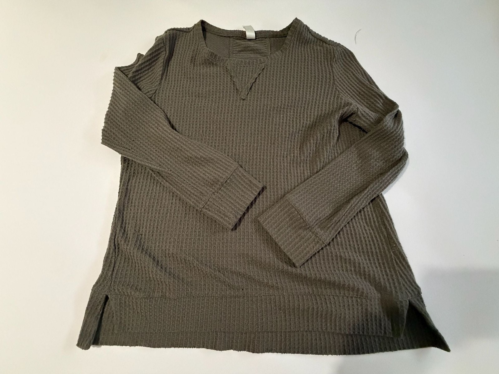 Green Tea Top L Olive Brown Waffle Knit Long Sleeve Scoop Neck Thermal