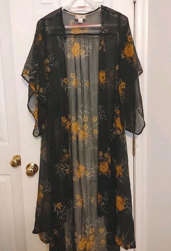 Band Of Gypsies Kimono Long Sheer Floral Duster Open M Boho High/Low Hem Chiffon