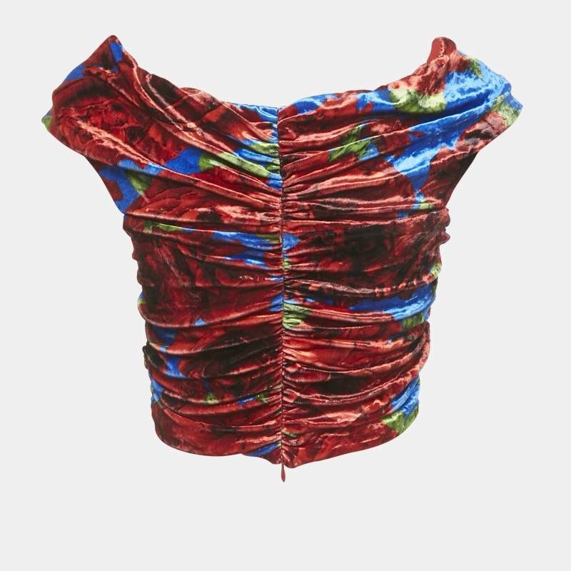 Magda Butrym MulticolorRed Printed Velvet Ruched Crop Top S