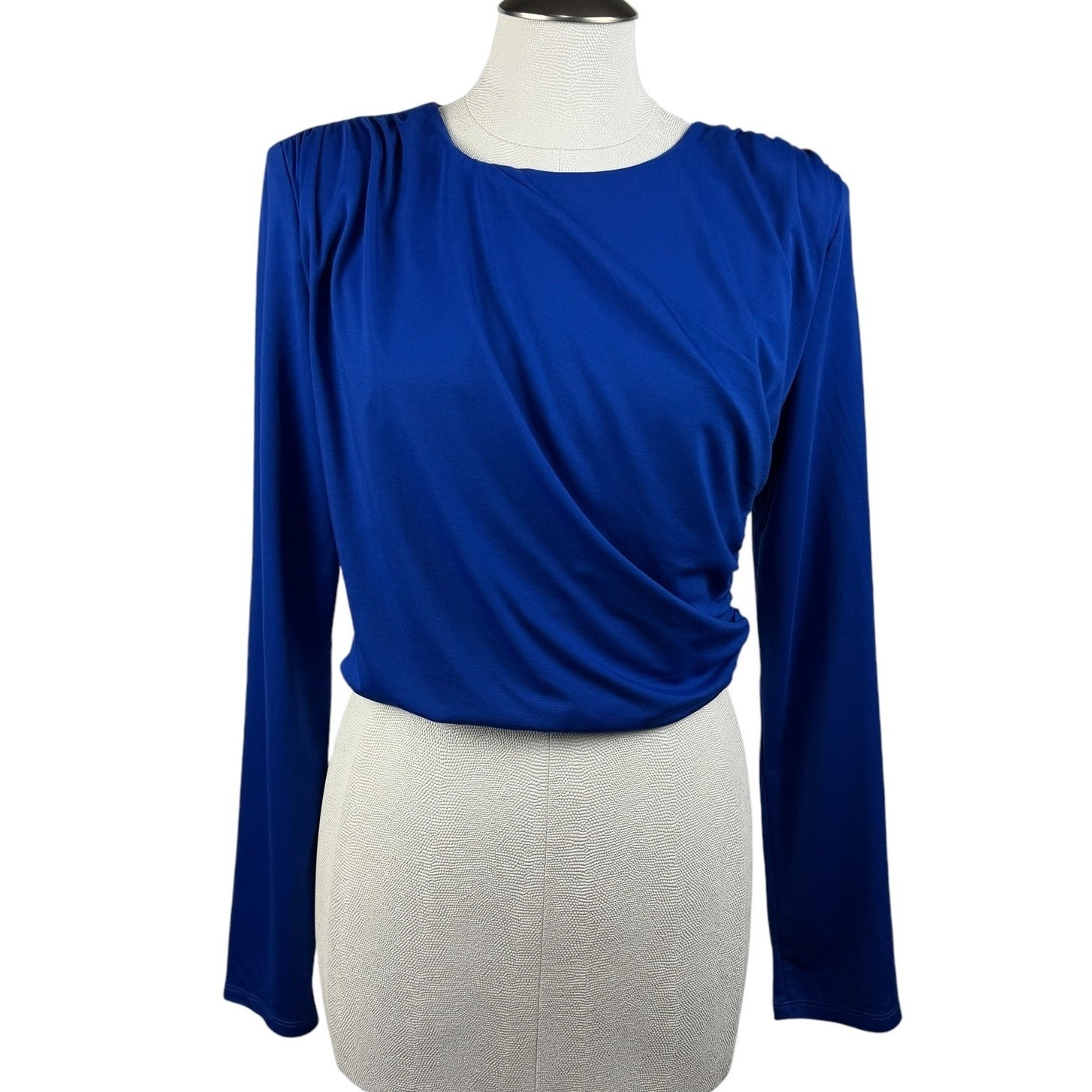 DO BE Women’s Royal Blue Ruched Bodycon Long Sleeve Crop Top Shirt Size Large