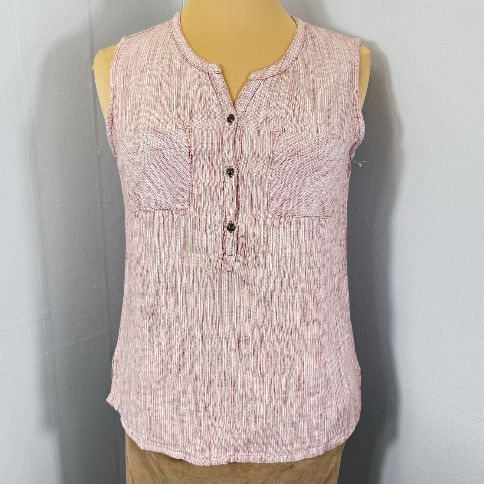 KUHL Sz S Riviera Henley Sleeveless Top Pink Stripe Hiking Outdoor Gorpcore NWOT