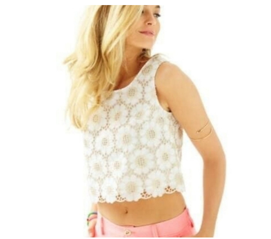 Lilly Pulitzer Ivory and Gold Lace Floral Top XS 0