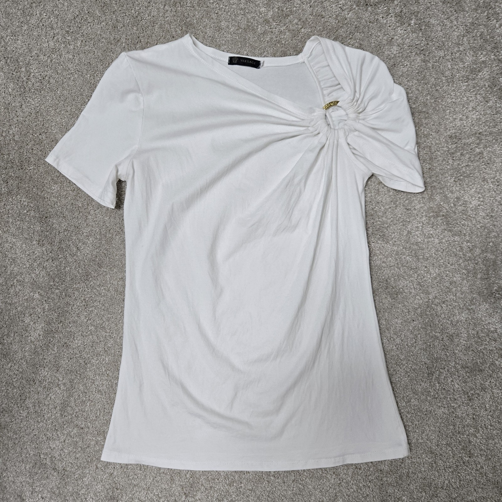 Versace Women’s White Knit Logo Accent Scoop Neck Short Sleeve Pullover T-Shirt
