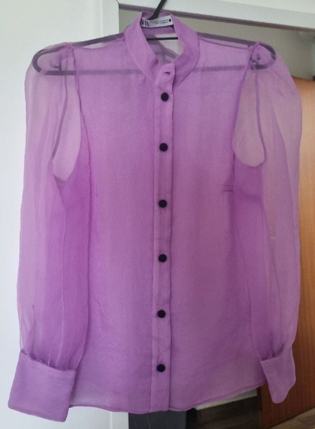 ZARA Semi Sheer Organza Blouse Top Shirt Button Blogger Size L Lilac Bloggers