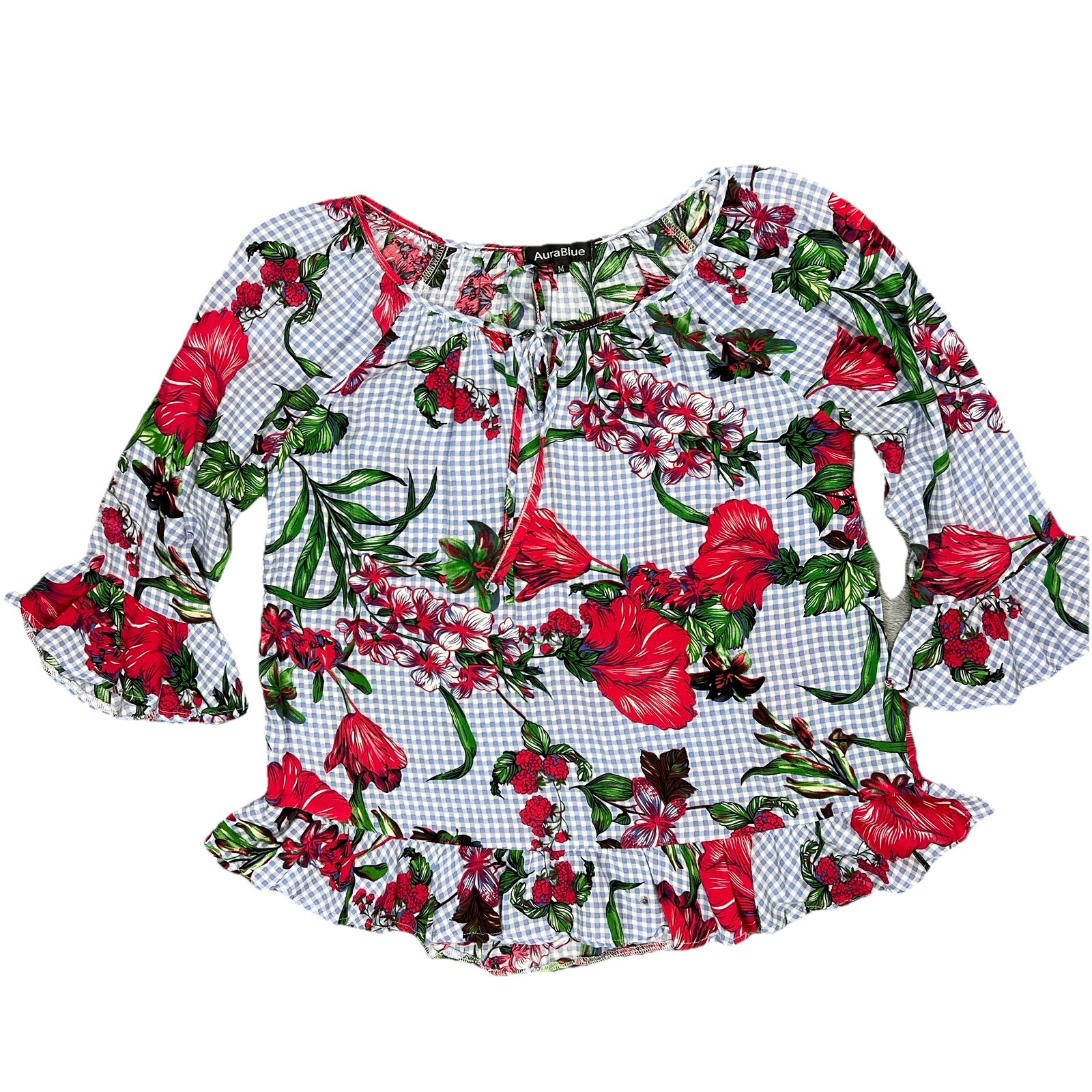 Aura Blue Women Med Peasant Gingham Blue Red Floral Boho Blouse Ruffle *See Pics