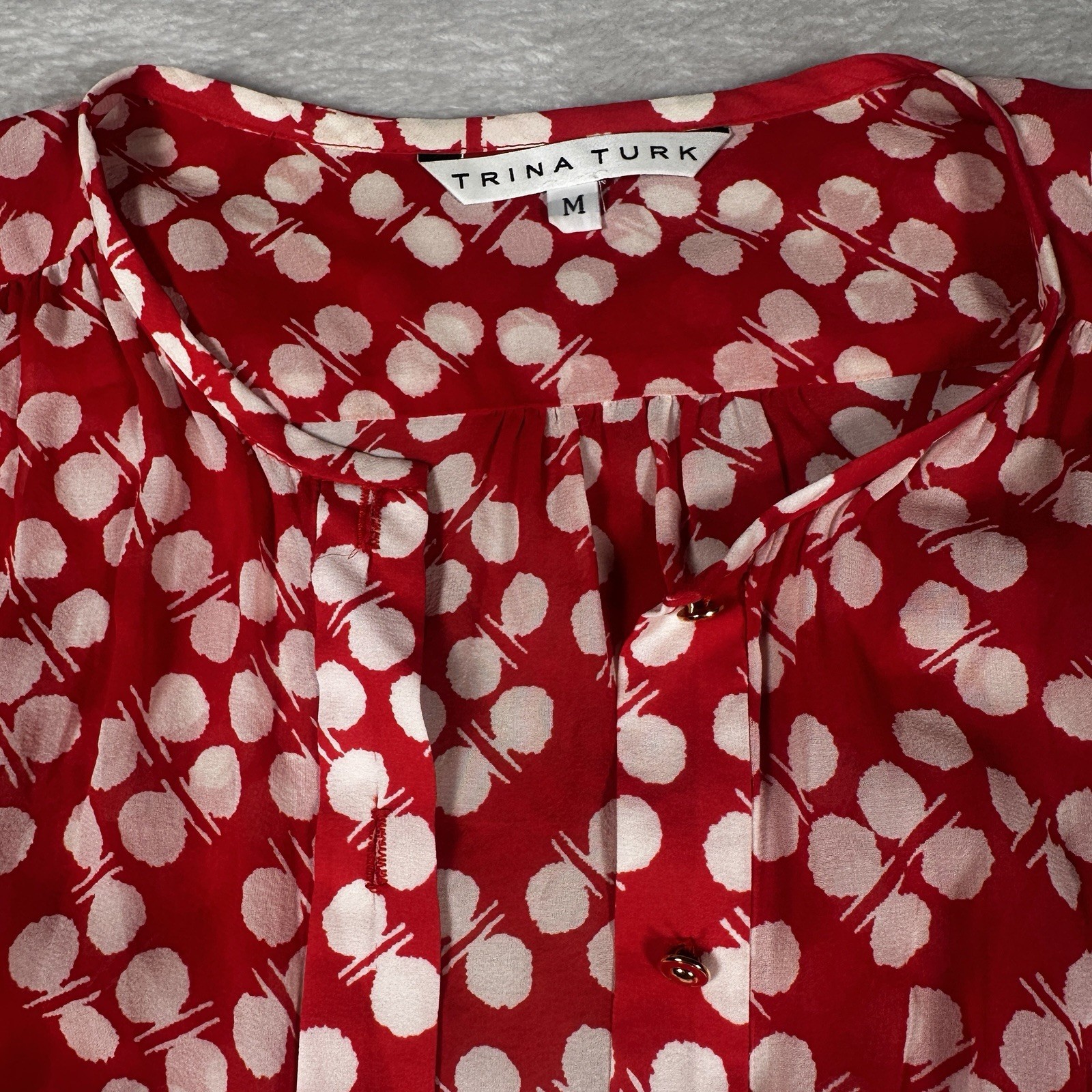 Trina Turk M 93% Silk Blouse Red Pink Print Button Front Career Luxury Top