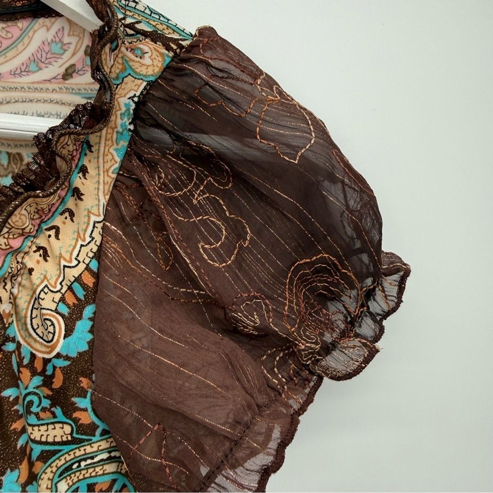 Ginger G Multicolor Brown Paisley Shimmer Top Sheer Y2k Size Small Retro