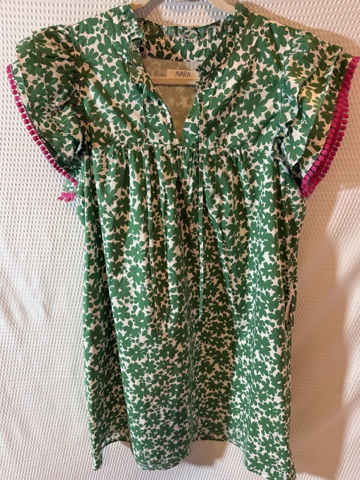 AVARA Green White Floral V-Neck Flutter Sleeve Ruffle Cotton Dress Women XL