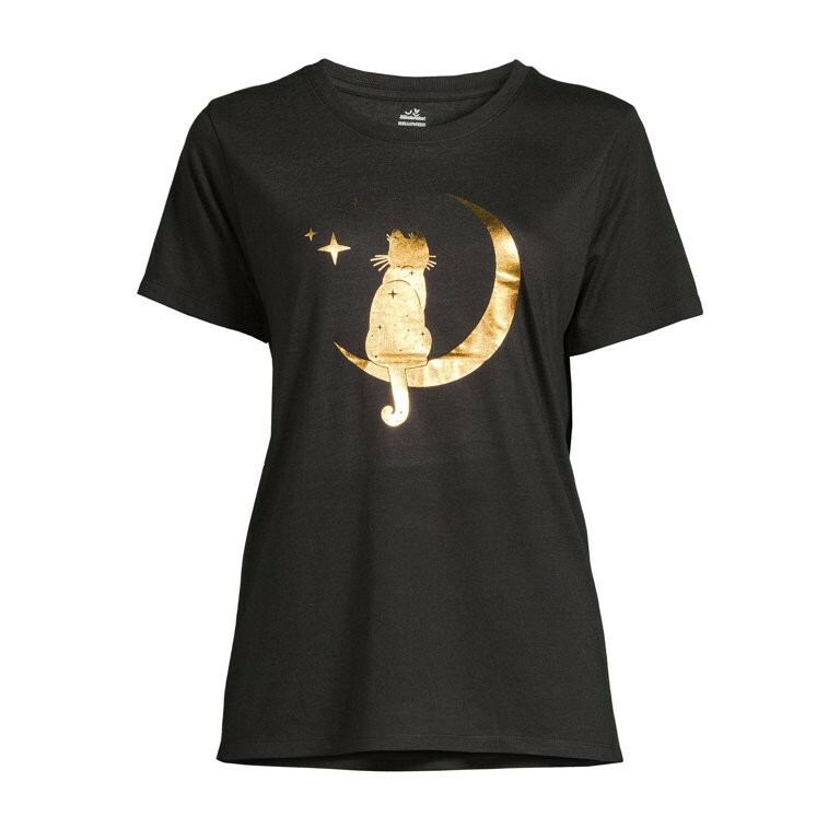 Way To Celebrate Women’s Halloween Meow Cat Moon T-Shirt Black Size S/CH(4-6)