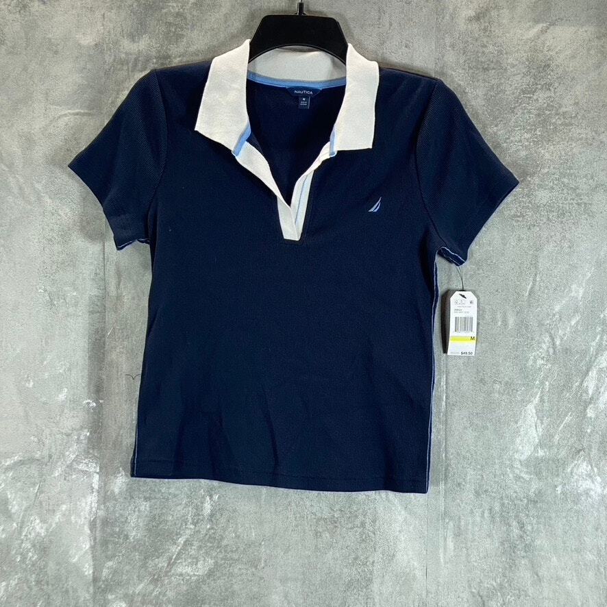 NAUTICA Women’s Navy Split Spread Collar Ribbed Short Sleeve Polo Top SZ M