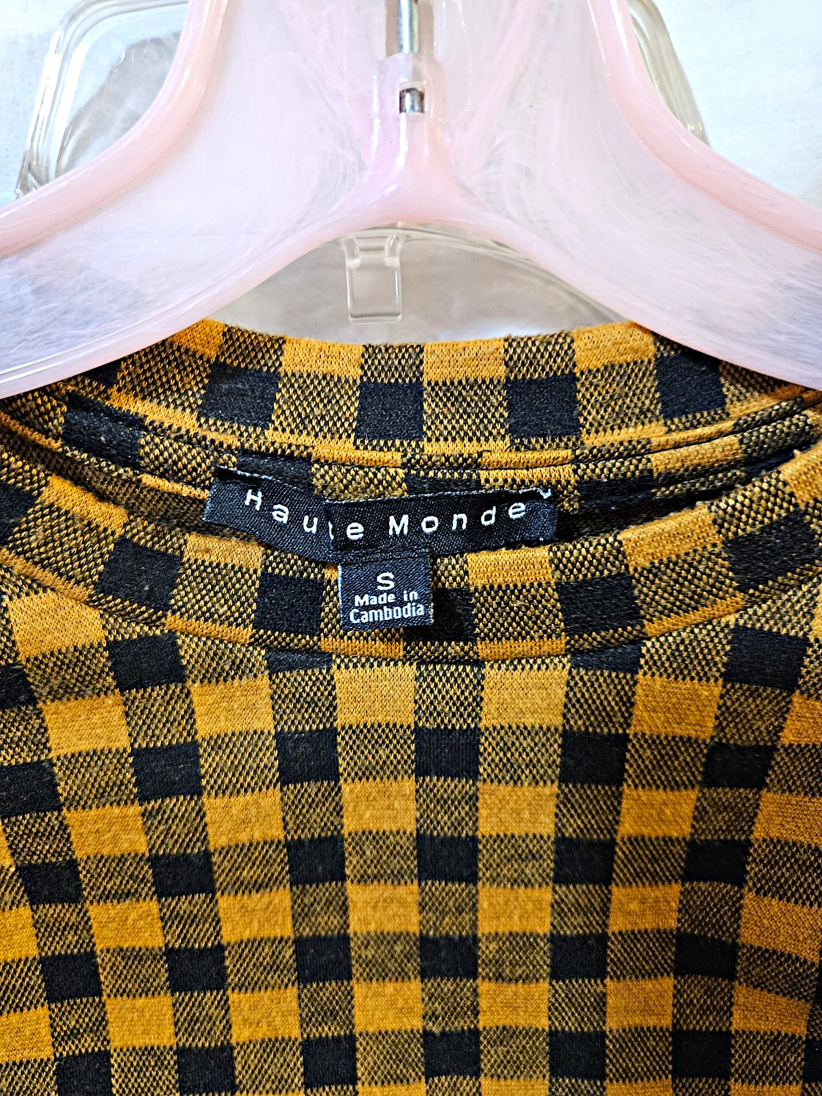 Haute Monde Yellow/Black Check Puff Sleeve Stretch Pullover Blouse Women S