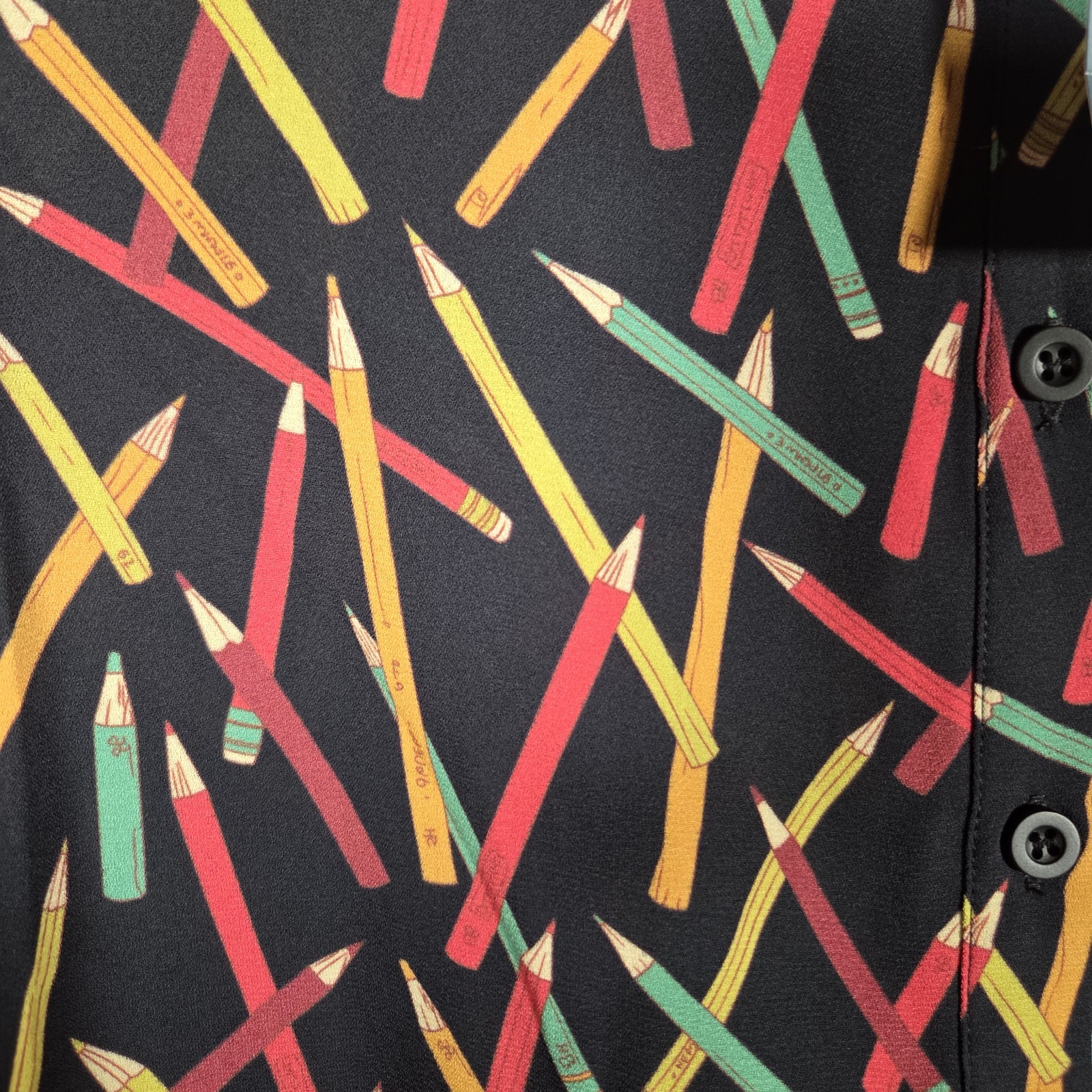 ModCloth Pencil Print Button Up Blouse Women’s L Black Long Sleeve Novelty Print