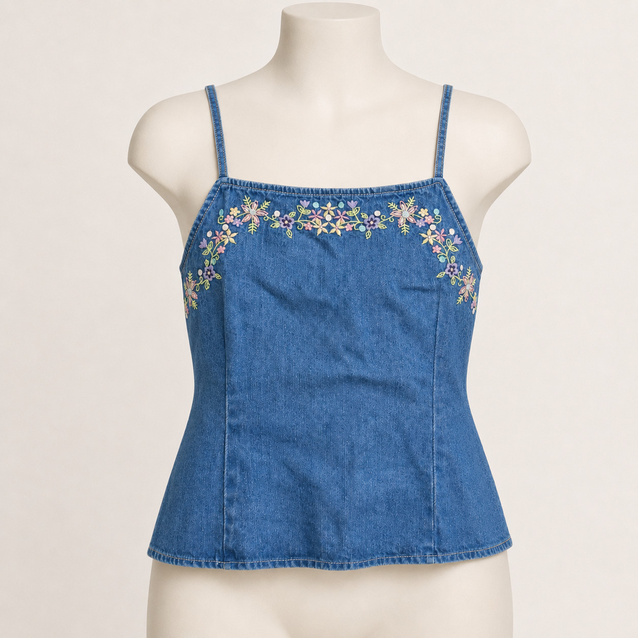RARE VINTAGE L.A. Blues Denim tank top cottage y2k floral Embroid 90s Boho Chic