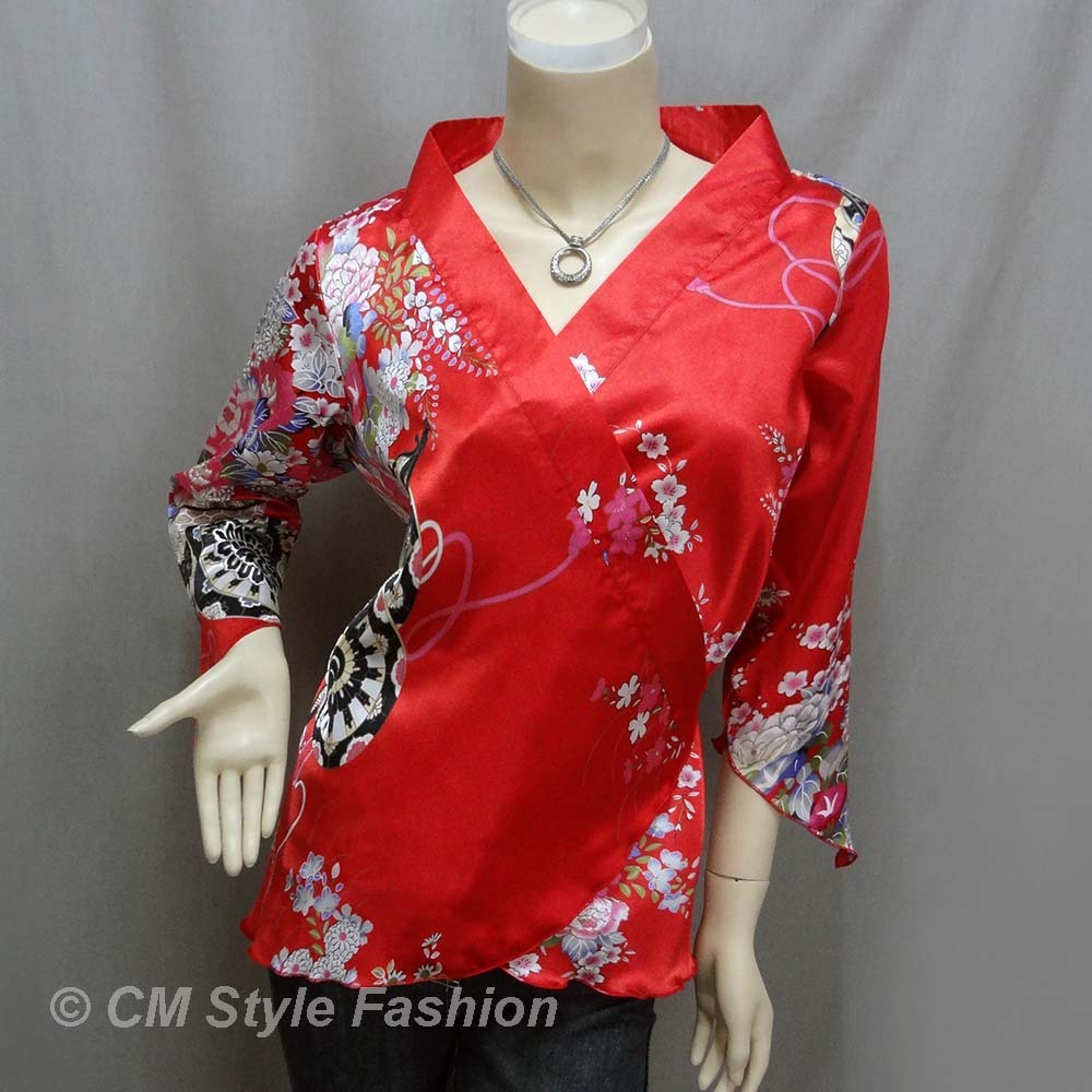 Yukata Kimono Design Silky Satin Wrap Tie Top Red S/M/L/XL/2XL/3XL