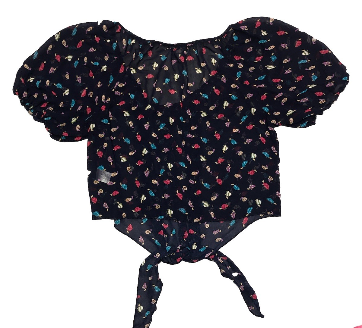 Ember Crop Top L Navy Button Up Blouse Turtles Snails Sheer Front Tie Vtg Y2K