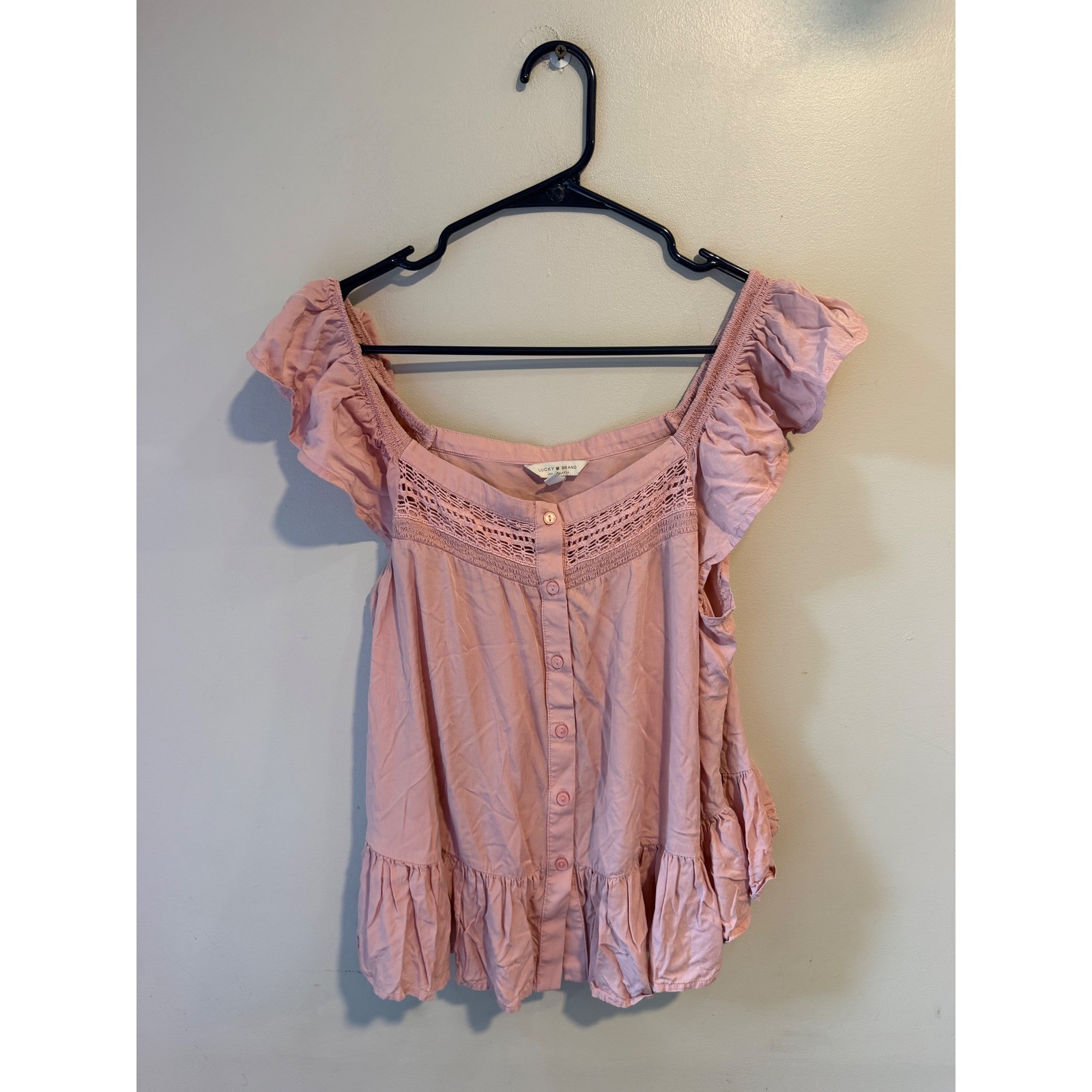 Lucky Brand Pink Boho Crochet Lace Ruffle Peplum Top Medium Square Neck Button
