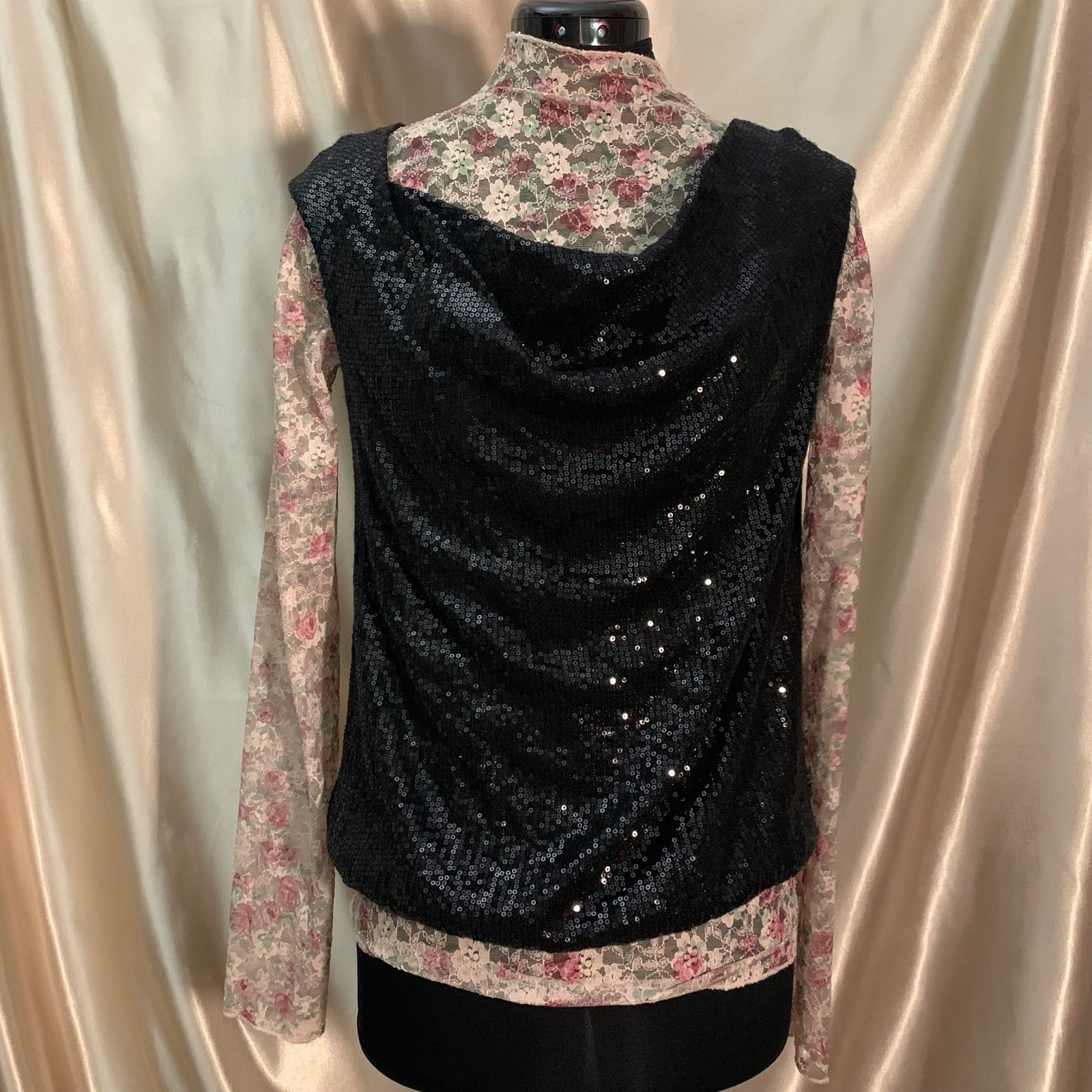 Max Studio Black Sequin Cowl Neck Top Sleeveless Party Club Blouse Y2K Goth