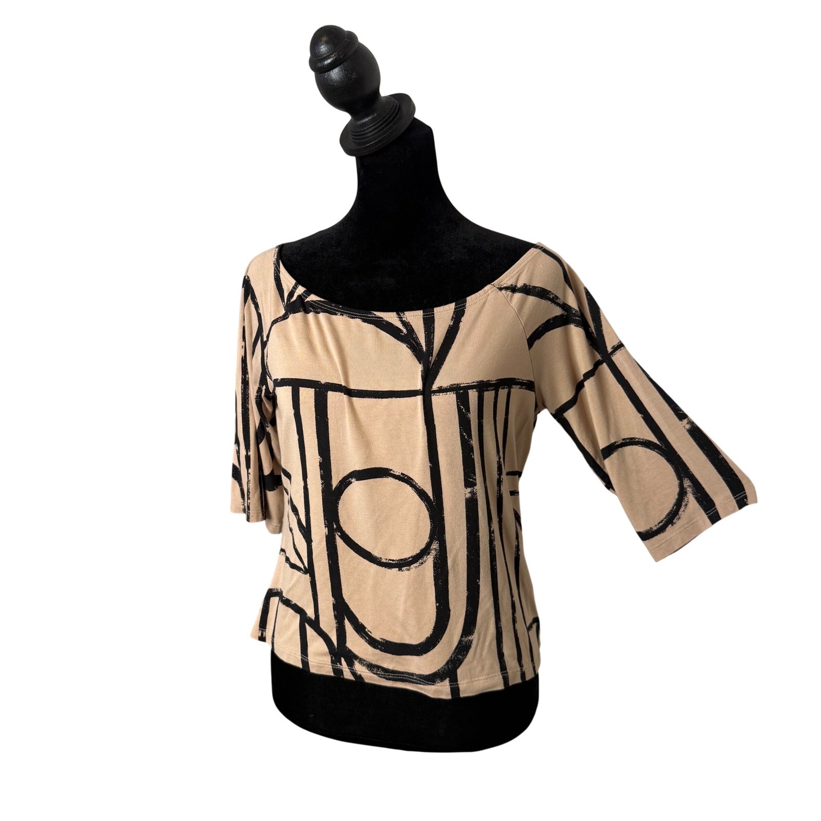 Womens Artsy Abstract Print Top Size S Black Geometric Art To Wear 3/4 Sleeve