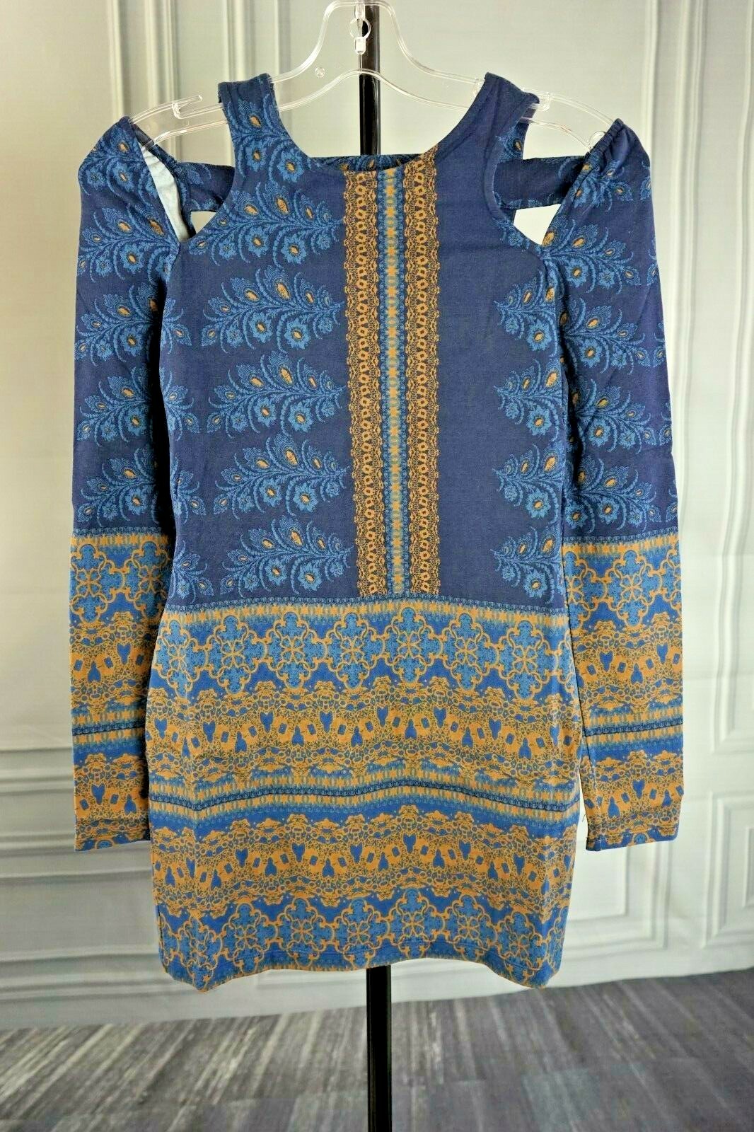 New Free People Floral Blue Fitted bodycon Mini Dress Cold Shoulder Sz XS