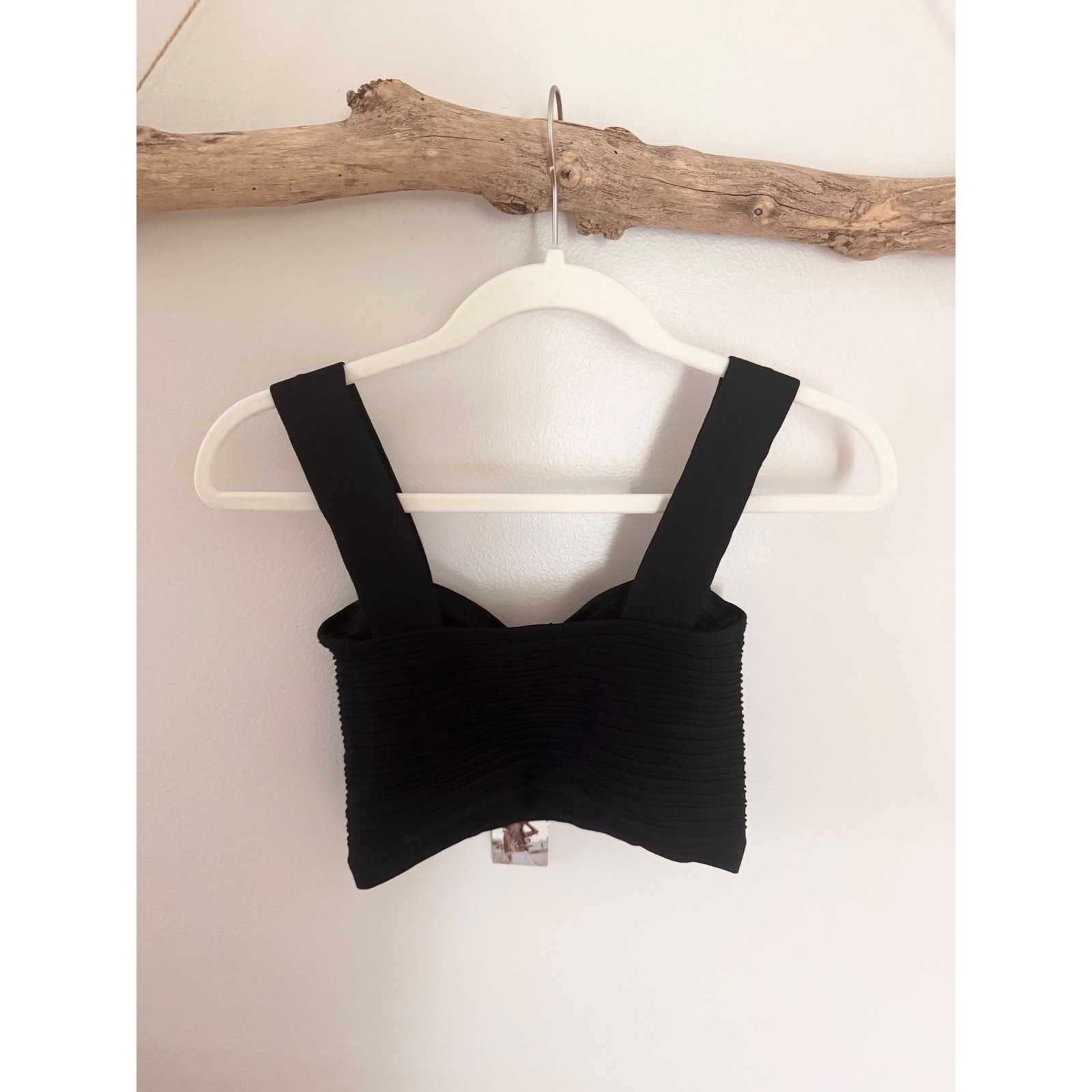 Sincerely Jules Black Ribbed Bandage Crop Top Sweetheart Neck Wide Strap Small