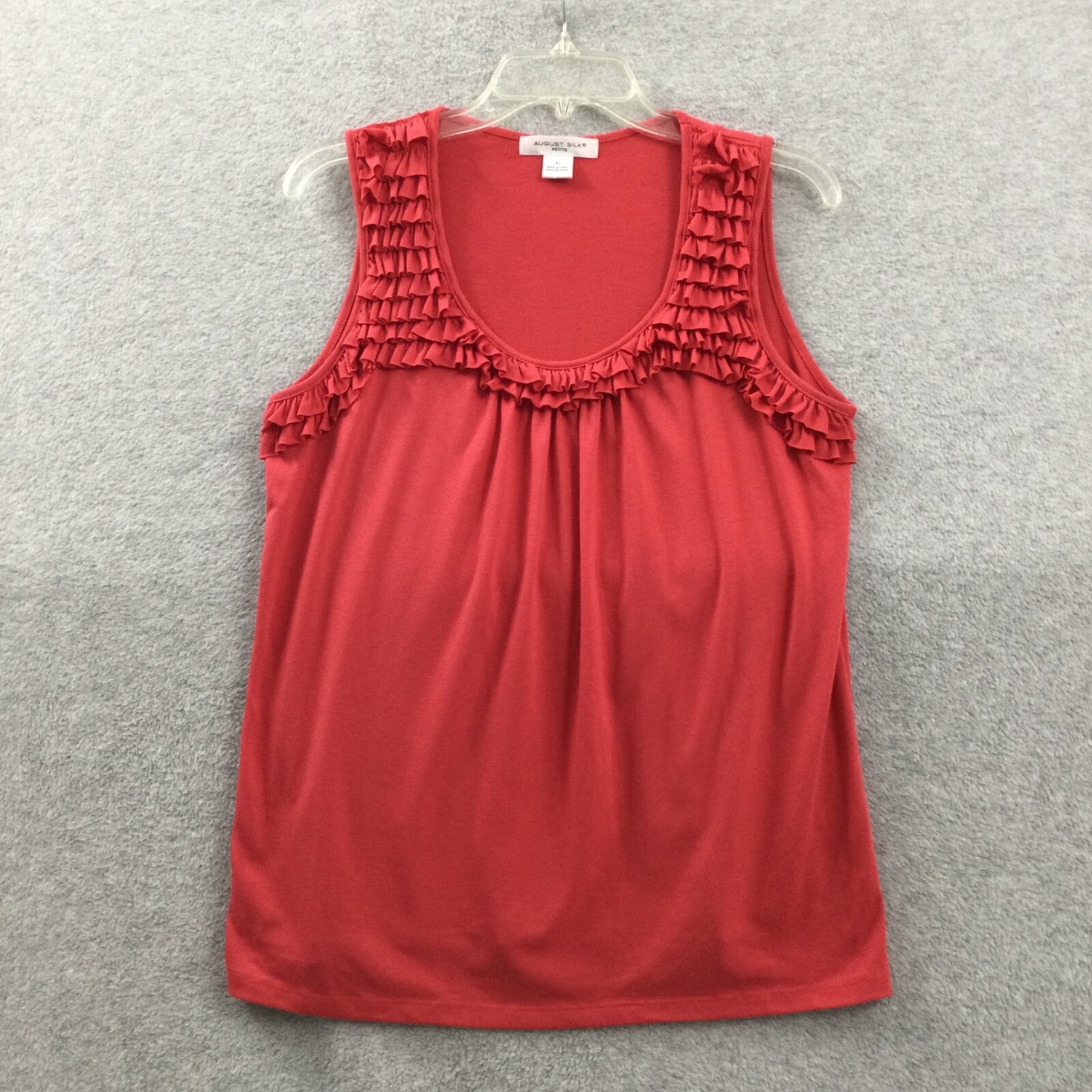 August Silk Petite Top Women’s Size PL Coral Pink Sleeveless Ruffled Pullover