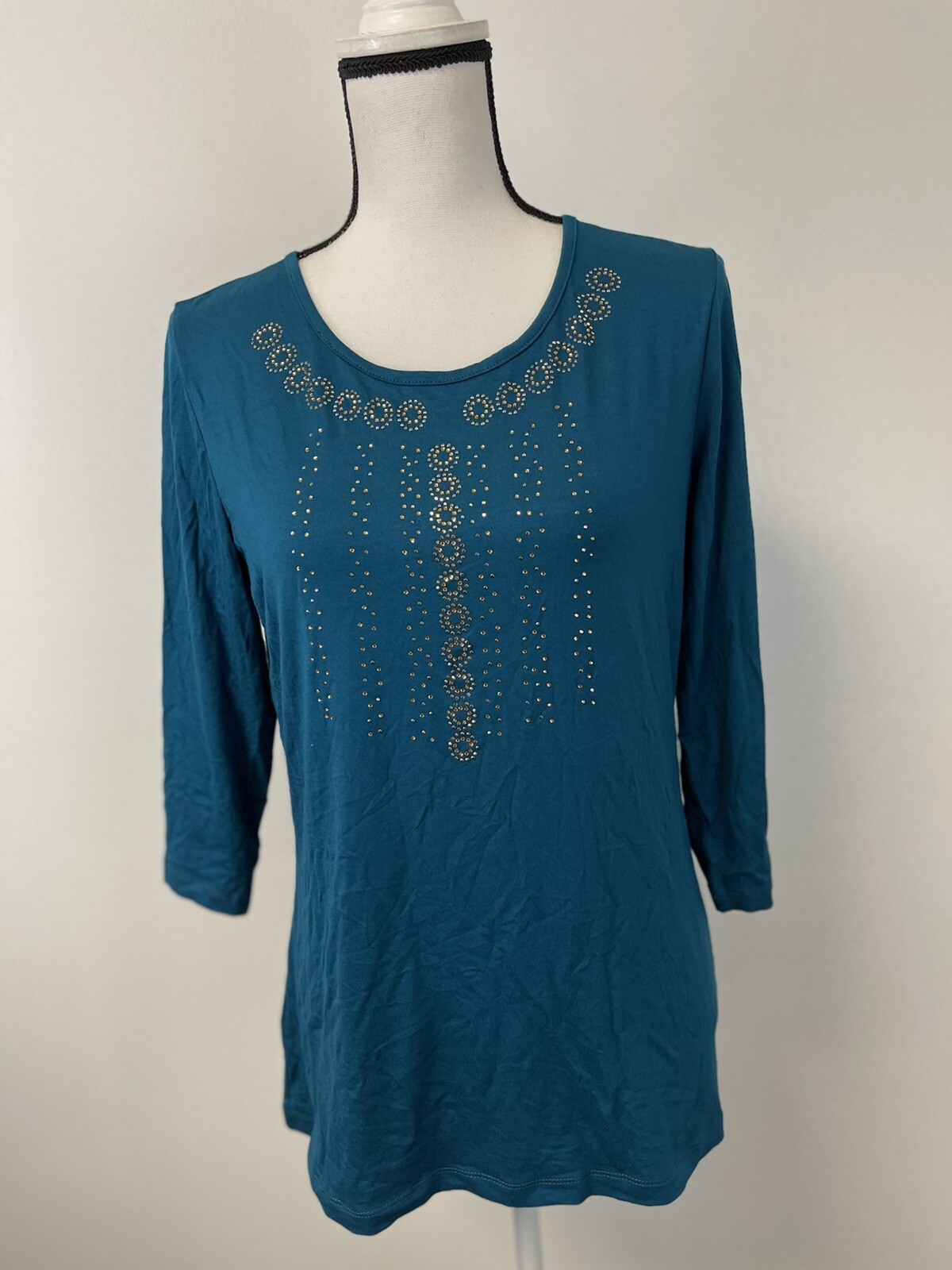 Bimy Blouse Womens Medium Beaded Blue Shirt Tunic Top Long Sleeve N27