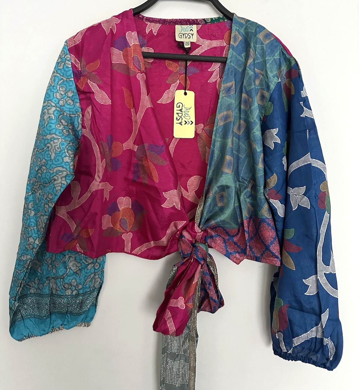JADED GYPSY Colorful Patchwork Wrap Top Ties Boho Artsy Free Size NWT